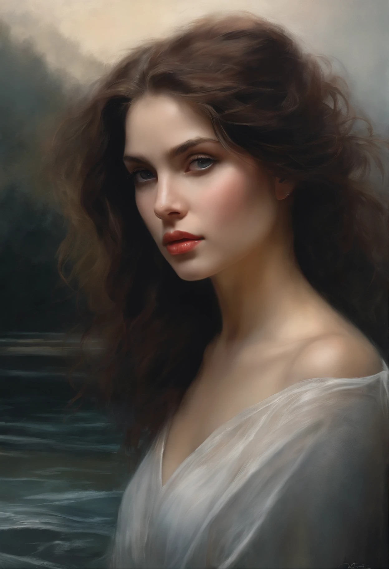 (Masterpiece), anime, Best quality,(photo_(Douleur moyenne):1.0), par Antonio J. Manzanedo, par Jeremy Lipking, lightening, in a surreal landscape, water colour painting style, Caresser, yeux noirs,colourfull,Vibrant colors,1fille