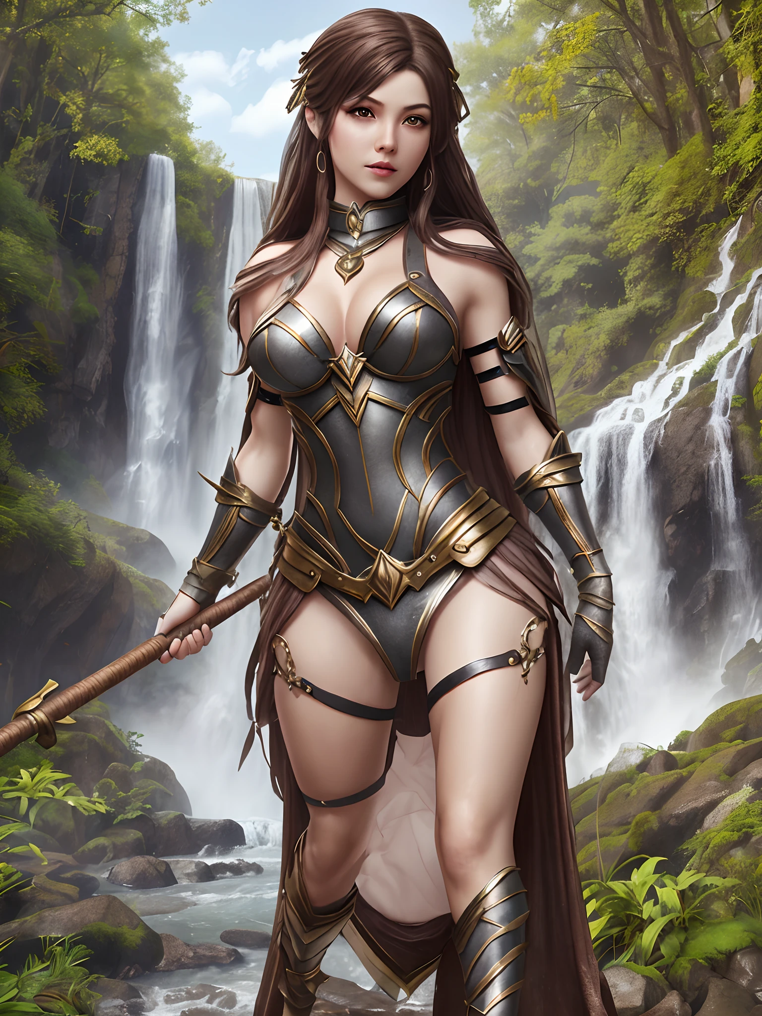 amazon valkyrie athena, fantasy, fullbody, highly detailed, cinematic, photorealistic, brown hair, grey eyes, sexy pose, waterfall washing, sexy lingery --auto --s2