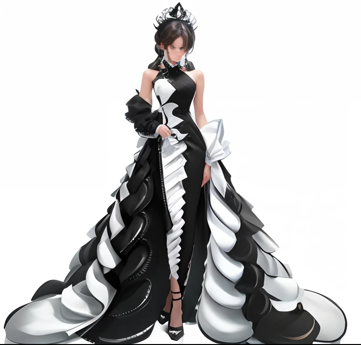 Model, wearing black and whitedress , white background, fashion illustration,8k, ultra realistic