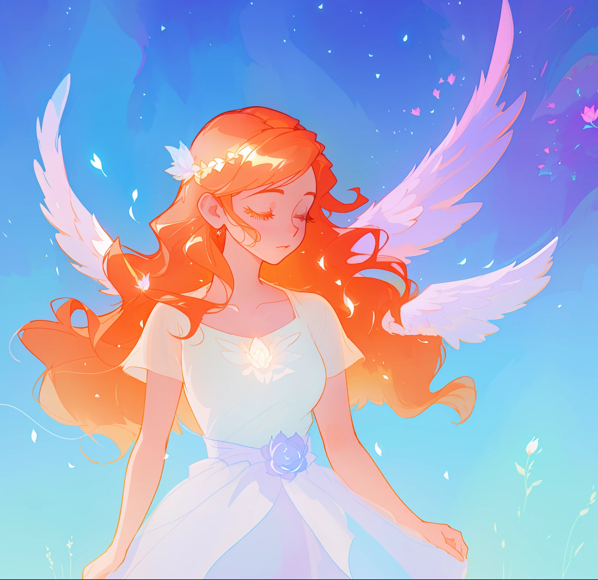 beautiful girl in flowing white dress, (glowing angel wings), glowing flowing ballgown, long wavy hair, sparkling angel wings, watercolor illustration, flowers and colorful plants, inspired by Glen Keane, inspired by Lois van Baarle, disney art style, by Lois van Baarle, glowing aura around her, by Glen Keane, jen bartel, glowing lights! digital painting, flowing glowing hair, glowing flowing hair, beautiful digital illustration, fantasia otherworldly landscape plants flowers, beautiful, masterpiece, best quality, anime disney style