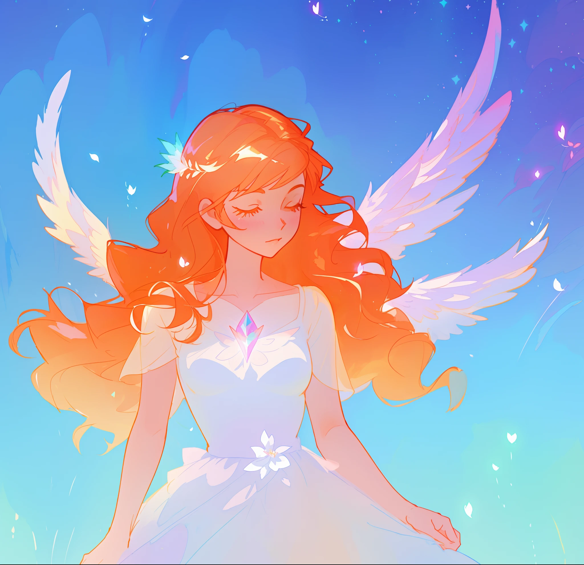 beautiful girl in flowing white dress, (glowing angel wings), glowing flowing ballgown, long wavy hair, sparkling angel wings, watercolor illustration, flowers and colorful plants, inspired by Glen Keane, inspired by Lois van Baarle, disney art style, by Lois van Baarle, glowing aura around her, by Glen Keane, jen bartel, glowing lights! digital painting, flowing glowing hair, glowing flowing hair, beautiful digital illustration, fantasia otherworldly landscape plants flowers, beautiful, masterpiece, best quality, anime disney style