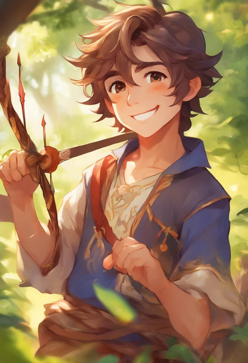 (an optimistic boy, representing the Sagittarius sign), oil painting, vibrant colors, detailed facial features, expressive eyes, happy smile, curly hair, confident posture, surrounded by nature, a bow and arrow in his hand, wearing a starry patterned shirt, against a scenic backdrop, with warm sunlight, best quality, high-res, ultra-detailed, with bokeh, warm color tones.