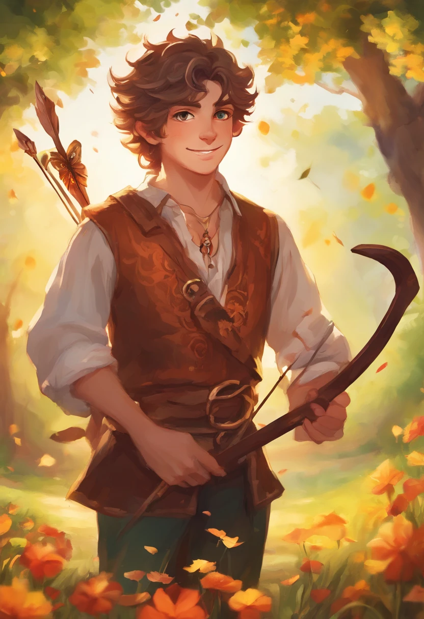 (an optimistic boy, representing the Sagittarius sign), oil painting, vibrant colors, detailed facial features, expressive eyes, happy smile, curly hair, confident posture, surrounded by nature, a bow and arrow in his hand, wearing a starry patterned shirt, against a scenic backdrop, with warm sunlight, best quality, high-res, ultra-detailed, with bokeh, warm color tones.
