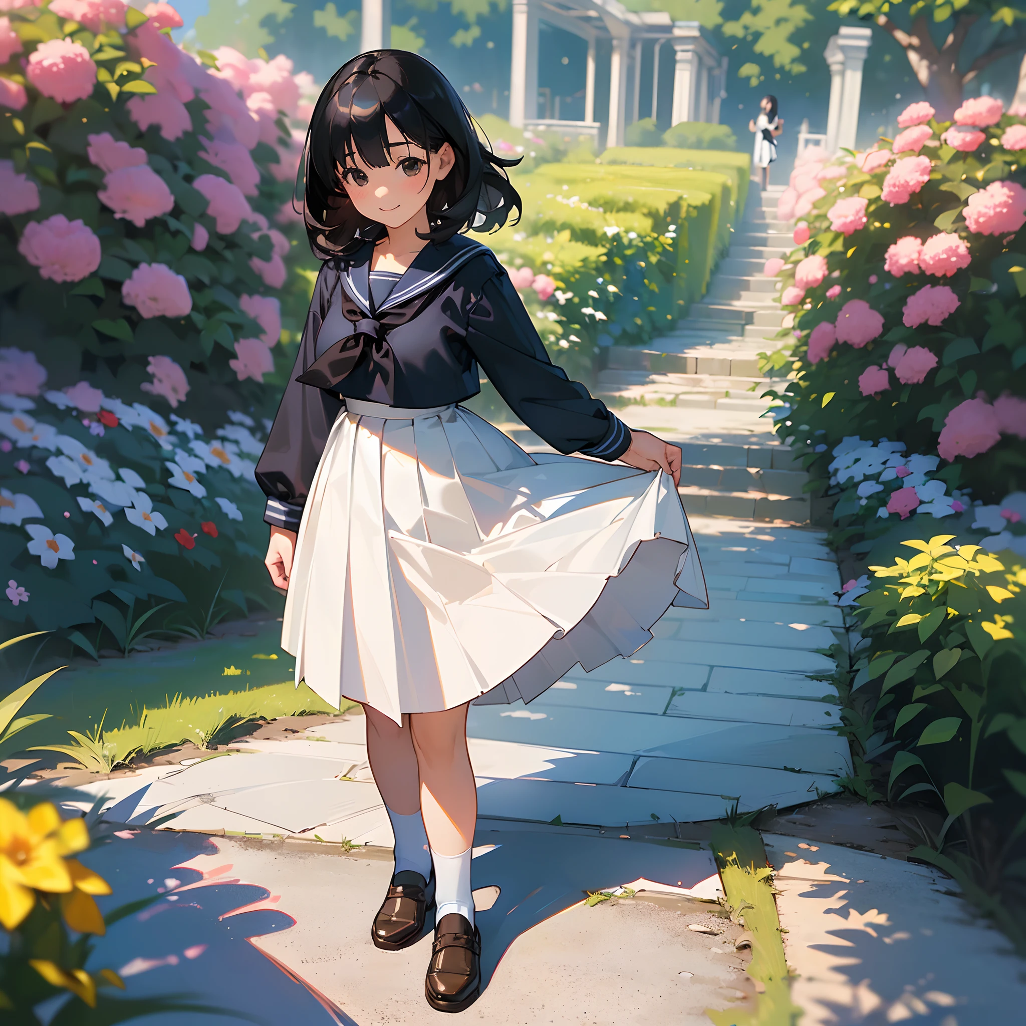 (Best Quality, hight resolution, Ultra-detailed, Realistic:1.37), peaceful ambiance, (plein air, garden), Teenage girl standing alone, Beautiful detailed features, Cute smile, ((Black bob hair)), Navy blue sailor suit, Pleated skirt, Brown leather shoes.