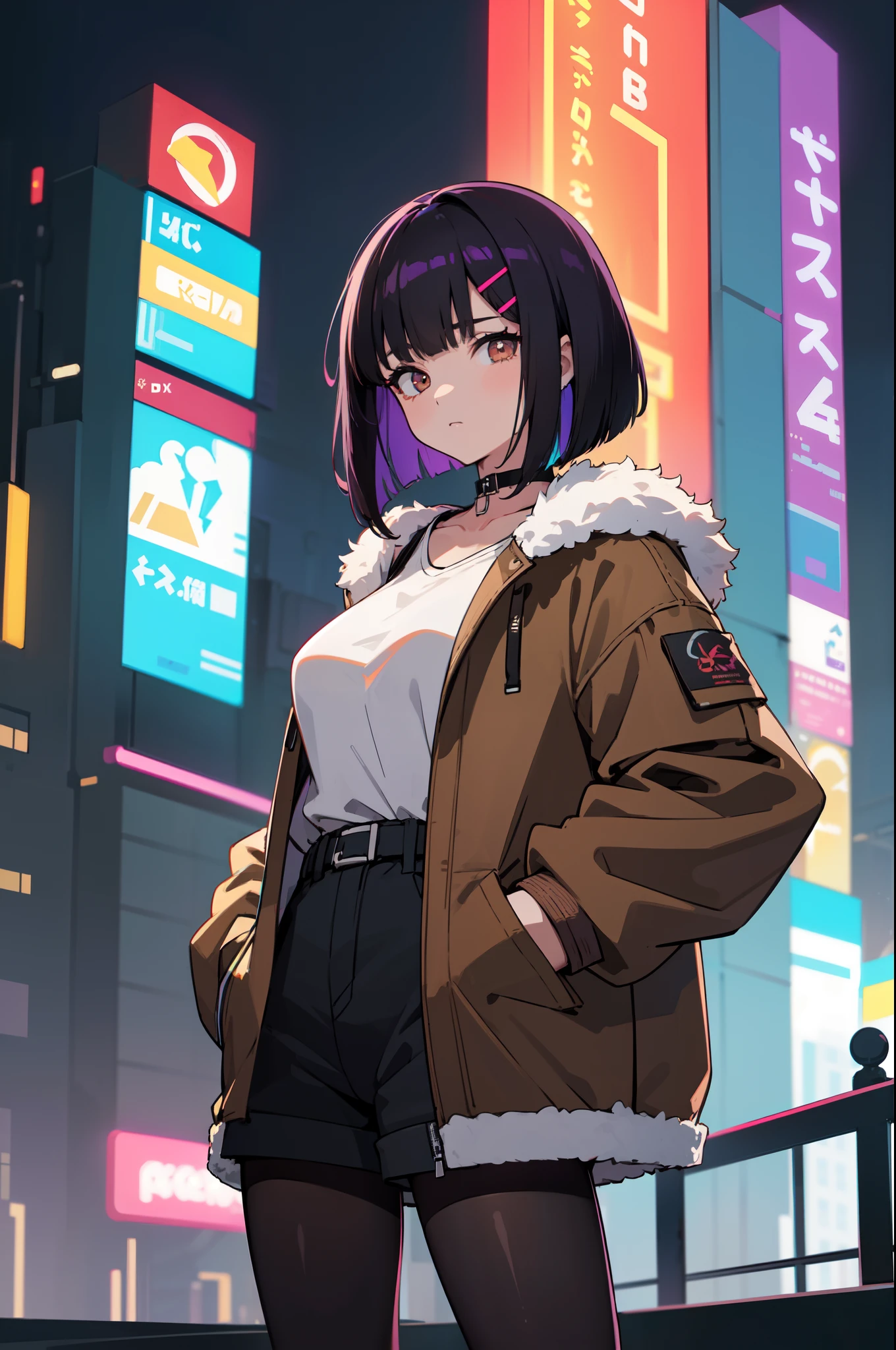 1girl, solo, teen girl, (black hair), (colored inner hair, purple hair), straight hair, (bob cut), short hair, assymmetrical hair, bang pinned back, hairclip, brown eyes, calm behaviour, inexpressive, medium breasts, choker, white shirt, black fabric shorts, (pantyhose:1.1), (fur trimmed parka jacket, brown jacket, oversized jacket:1.15), thighs, upper body, (hands on pockets), night city, cyberpunk, colorful, beautiful, ((neon lights)), masterpiece, best quality, 4k