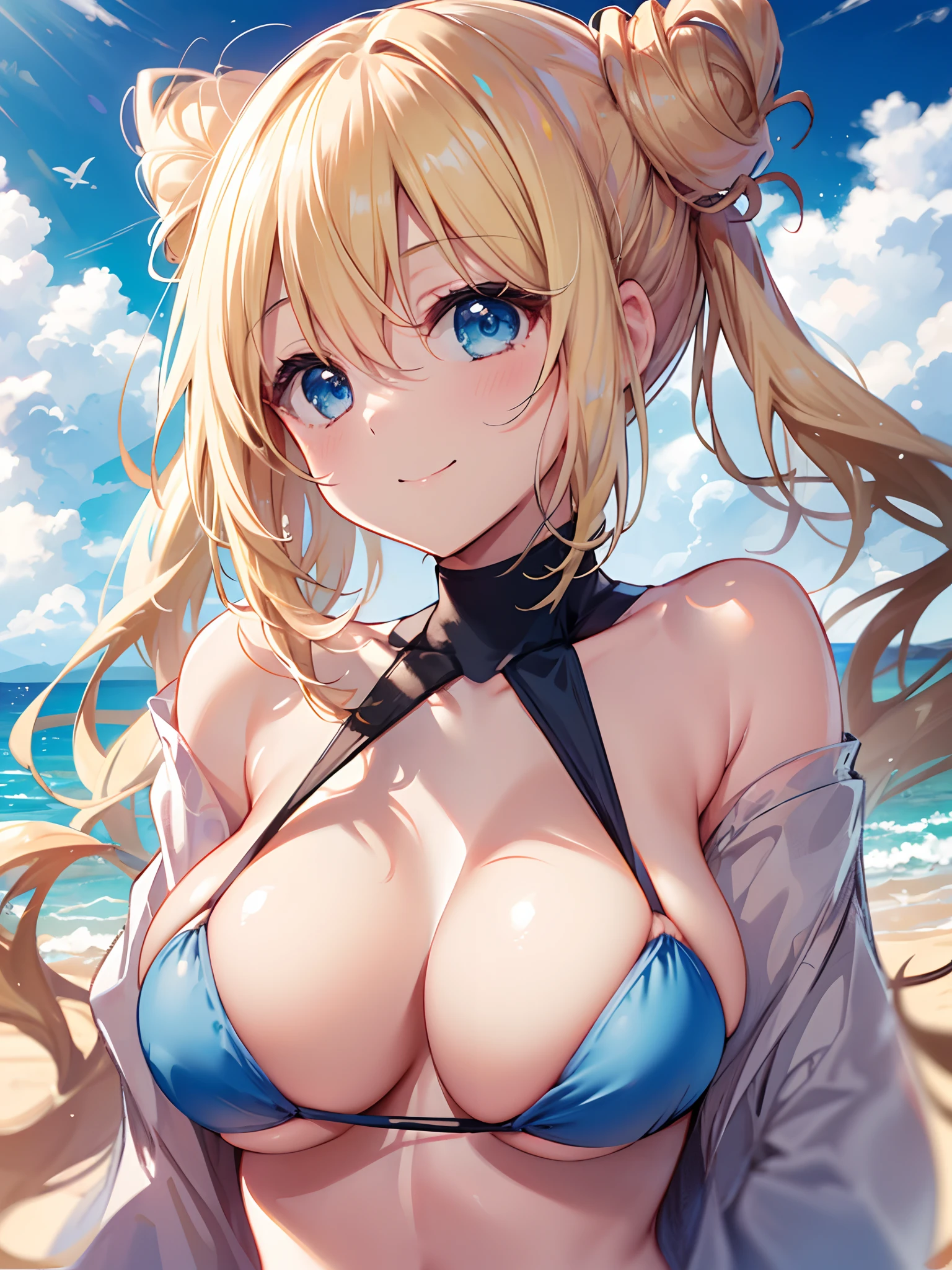 1girl in, (Chiquita:1.2), Kaho Hyuga, a blond, Hair buns, large boob, 

(Best Quality, hight resolution, 4K, Detailed Lighting, Shaders, perfect anatomia), 
Looking at Viewer, 

Blue Micro Bikini, 
Smile, 
Beach,