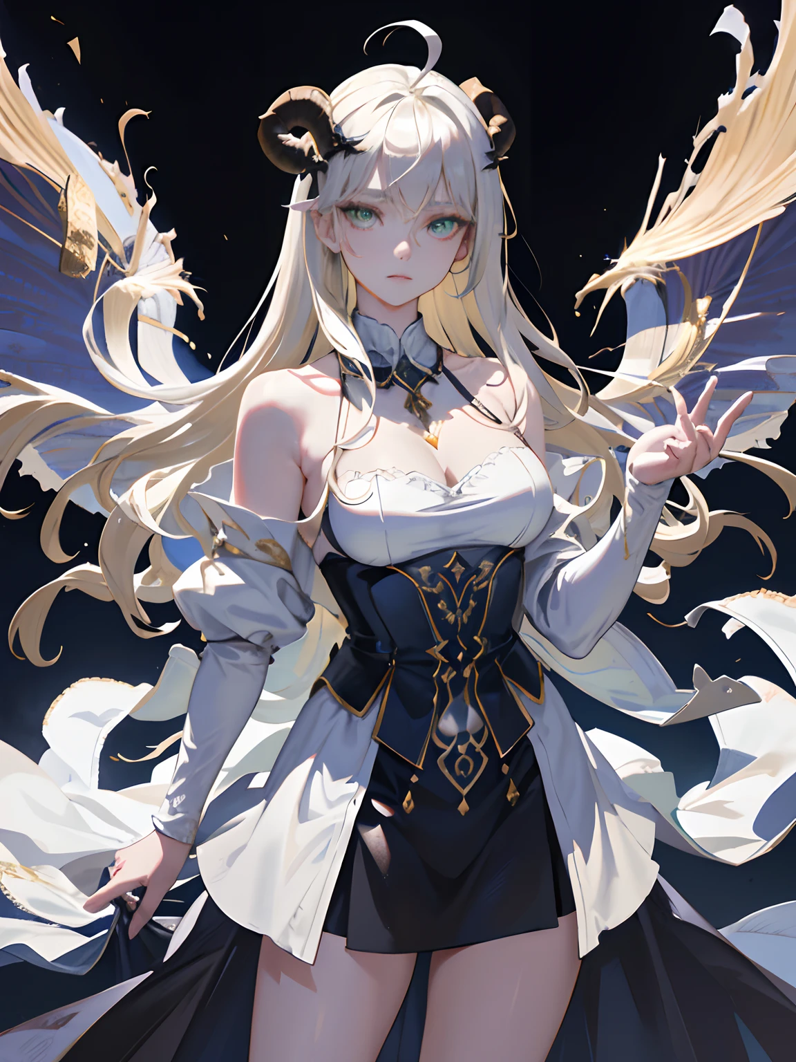 ((masterpiece, best quality)), (1girl), (solo), (female focus), (ahoge, ash blonde hair, long hair), green eyes, arms behind back, bat wings on the waist, sheep horns, sad eyes, cold facial expression, cold look, dark long tight clothes, pale skin, colour grading, dark illustration, extreme quality, radiant, extremely detailed, ultra-detailed face, ultra hd 8k, ultra digitality, mythical, dark lightning, perfect face, beautiful, (perfect composition: 1. 4), detailed face and body, award-winning photography , fields, detailed face, detailed hands, looking at the viewer, cinematic lighting, embers, fantasy background, water splashes, foggy haze, (holy maiden), (saint), faux traditional media, (masterpiece, best quality, ultra-detailed, best shadow), (detailed background, cowboy shot, standing, hands together, praying, expressionless, crowd, medieval, spain, Valencia, aura), (beautiful detailed face, feminine features), (best illumination), ((cinematic light)), colorful, hyper detail, dramatic light, intricate details, (silver and gold robes, goddess ), ((dark circle under eyes))