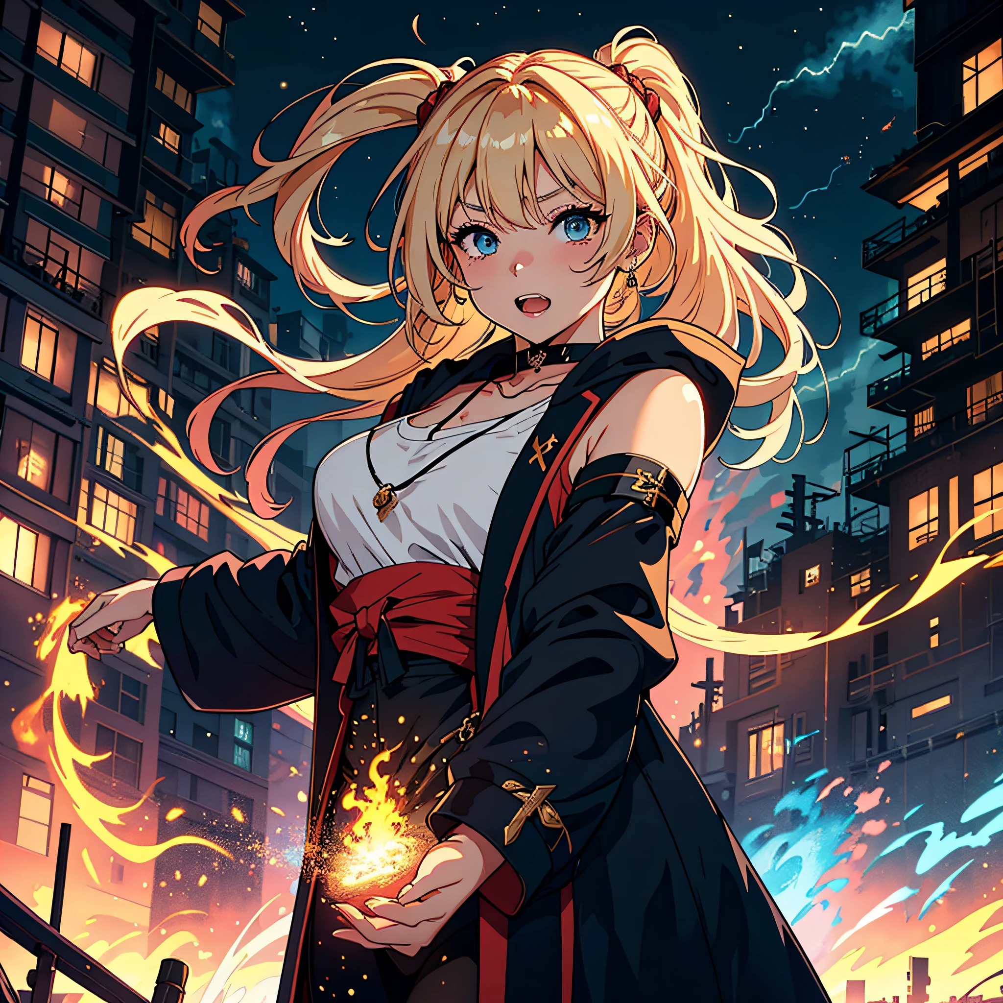 (top-quality、hight resolution、8k、masterpiece:1.2)。Curvaceous but slender、Muchimuchi Body、Grinning Female Wizard、Destroying abandoned houses in a futuristic cyber city。Featuring double teeth, she wields magical powers.。Bridges and factories with magic emitted from the right hand、Luxury cars next々and have collapsed、Scattered with burning debris。Rubble and pebbles float up、Covers her whole body。Although its power is overwhelming、At the same time it is in harmony with beauty。Draw the moment she is destroying a cyberpunk factory with magic。Half-taken off hoodie、accessorized、mole、Eyebrows、double tooth、canine teeth、poneyTail、Muscular nose、Clear detailed blue eyes、blondehair、red blush、The long-haired、a choker、Fleshy lips、Physical beauty、well-muscled、Raise bangs in a headband、Oforehead、Mysterious fashion、Street Fashion、Anime style、animesque、Site after the earthquake、Oversized trousers、unreal、Depiction in motion、Fashion in white and blue tones、Vandalism、Decaying buildings、the fire、Fire incident、tornado、Must-win poses、Backgrounds with depth、Flame Magic、Wizard Equipment、Light equipment、a necklace、Bracelets、Misanga、arm band、Tattoo on the shoulder、espadrilles、thunder、Roaring thunder、lightning bolt、tornado、colorful backdrop、A desert、Thunder in the hand、Light and Wall Co-star、Little green-eyed black cat supporting magic attack overhead、Jojo Standing、Samurai、ninjartist、A desert