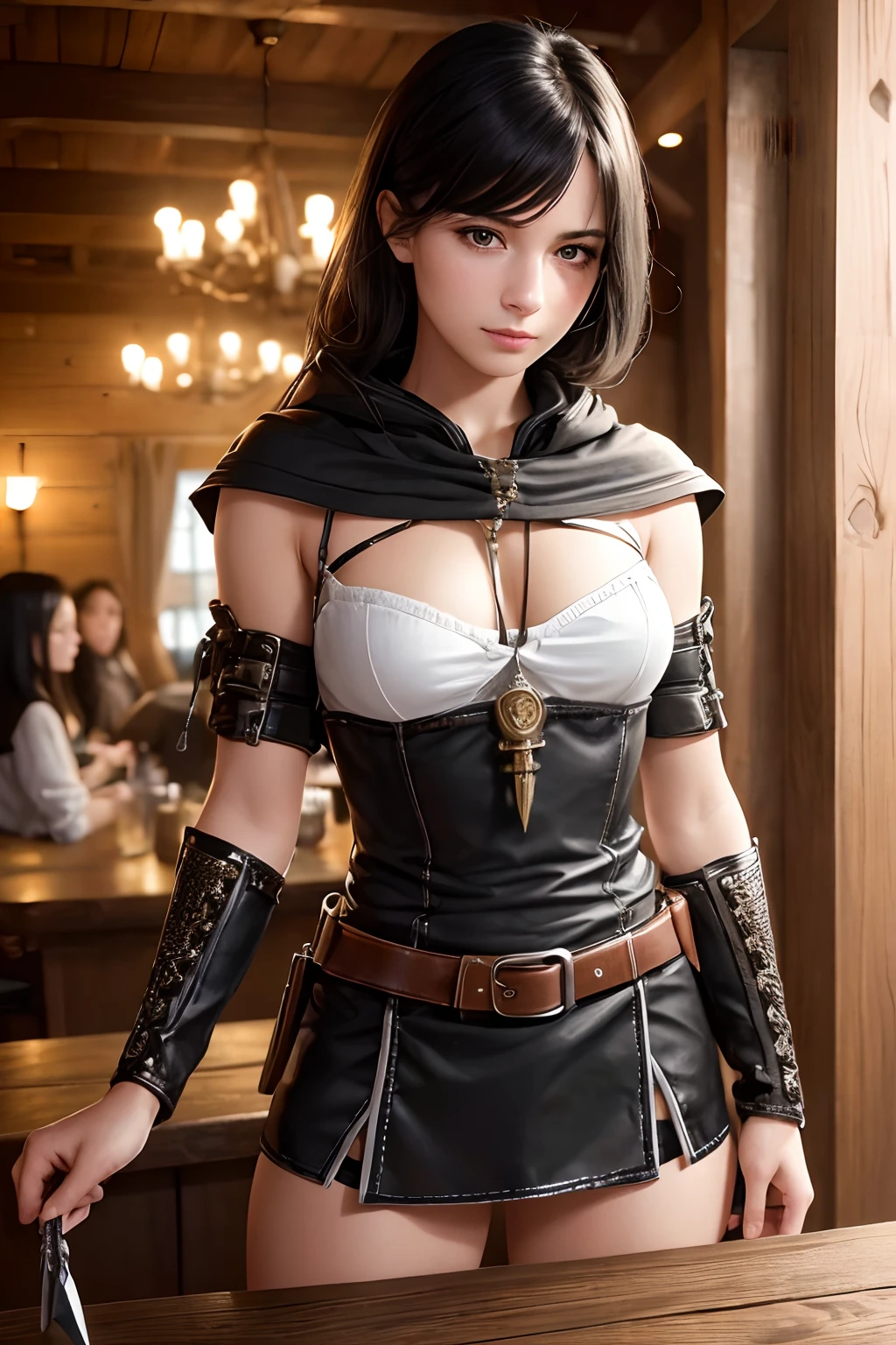 (skindentation:1.5), realistic, photorealistic, (masterpiece:1.5), concept art, intricate details, highly detailed, octane render, 8k, unreal engine, dynamic pose, best quality, highres, ((dramatic)), epic, depth of field, 8k, particles, (realistic face:1.1, hyperrealistic:1.1), ((1girl, close-up, medium breasts, perfect eyes, detailed eyes, high quality eyes, perfect_face, high quality face, shiny skin:1.2, shiny face:1.2, embarrassed, blush:0.8)), server, rustic tavern interior in background, pitcher, sign, jovial fantasy atmosphere, detailed background, blurry wooden bar table as foreground, (((black hair, black eyes, perfect hands))), ((thief, rogue, dagger, short sword, picking locks, disarming traps, leather cloth, padded cloth, belt, pouch, boots, cloak, rope, poison, amulet))