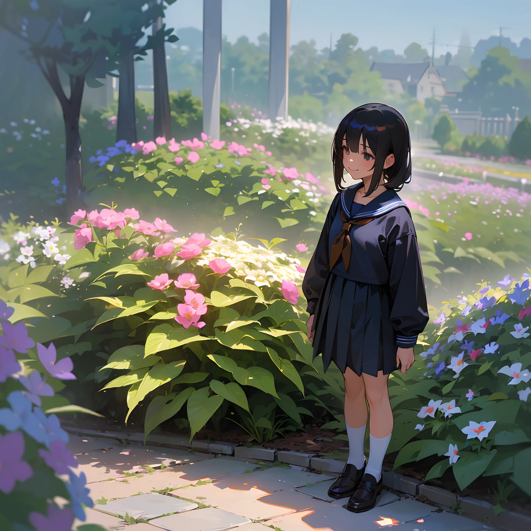 (Best Quality, hight resolution, Ultra-detailed, Realistic:1.37), peaceful ambiance, (plein air, garden), age girl standing alone, Beautiful detailed features, Cute smile, ((Black bob hair)), Navy blue sailor suit, Pleated skirt, Brown leather shoes.