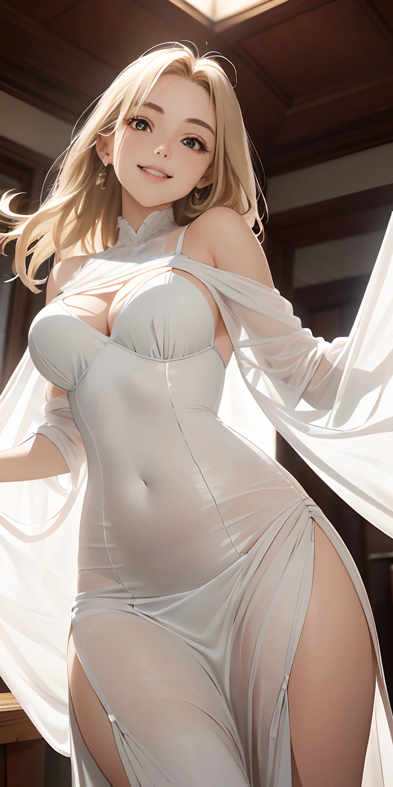 realisticlying、22-year-old girl、Genuine luster on the skin、show through、Close-up looking up from below、Wearing a light and tight-fitting beige long dress、(Emphasis on thighs、Breasts enlarged、sexly、Face smile、the lower part of the chest is slightly exposed,