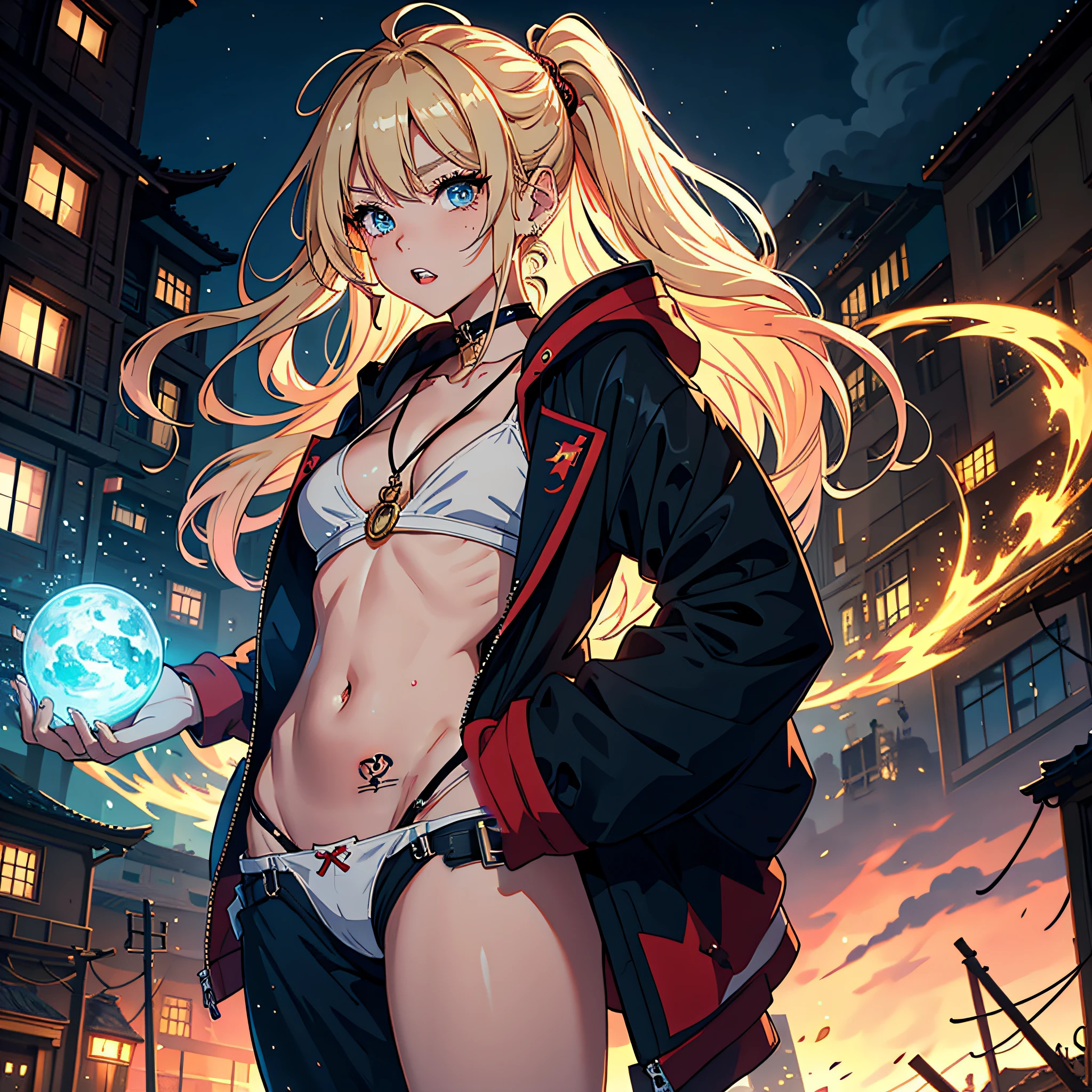 (top-quality、hight resolution、8k、masterpiece:1.2)。Curvaceous but slender、Muchimuchi Body、Grinning Female Wizard、Destroying abandoned houses in a futuristic cyber city。Featuring double teeth, she wields magical powers.。Bridges and factories with magic emitted from the right hand、Luxury cars next々and have collapsed、Scattered with burning debris。Rubble and pebbles float up、Covers her whole body。Although its power is overwhelming、At the same time it is in harmony with beauty。Draw the moment she is destroying a cyberpunk factory with magic。Half-taken off hoodie、accessorized、mole、Eyebrows、double tooth、canine teeth、poneyTail、Muscular nose、Clear detailed blue eyes、blondehair、red blush、The long-haired、a choker、Fleshy lips、Physical beauty、well-muscled、Raise bangs in a headband、Oforehead、Mysterious fashion、Street Fashion、Anime style、animesque、Site after the earthquake、Oversized trousers、unreal、Depiction in motion、Fashion in white and blue tones、Vandalism、Decaying buildings、the fire、Fire incident、tornado、Must-win poses、Backgrounds with depth、Flame Magic、Wizard Equipment、Light equipment、a necklace、Bracelets、Misanga、arm band、Tattoo on the shoulder、espadrilles、thunder、Roaring thunder、lightning bolt、tornado、colorful backdrop、A desert、Thunder in the hand、Light and Wall Co-star、Little green-eyed black cat supporting magic attack overhead、Jojo Standing、Samurai、ninjartist、A desert