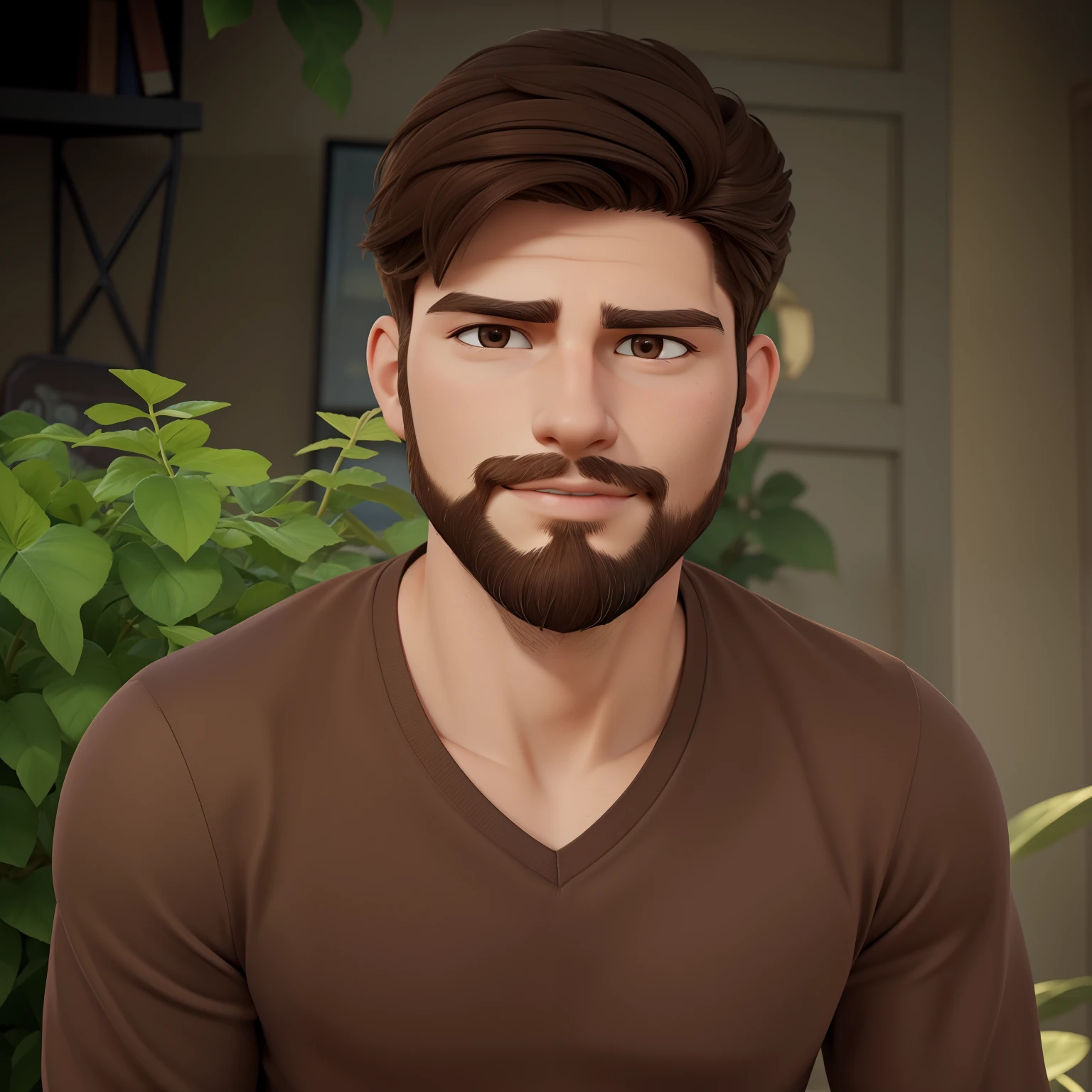 A young man of 19 years old, with medium-length brown hair, brown eyes, angular jaw, short stubble beard, lean body, cute and handsome, mature look and serious subtle smirk, casual clothing, close up shot. 3d cartoon