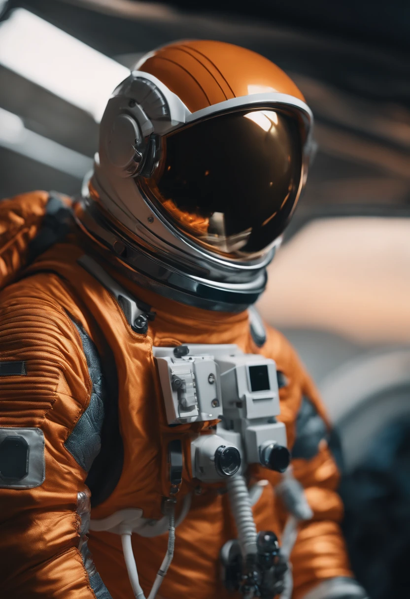 Astronaut 30 years, Metallic white orange garment detail, Cinematic, photoshooting, Half-backlight, back light, dramatic lighting , Incandescent, soft-lighting, insanely detailed and intricate, Hyper maximalist, art, which is not Gwaits's style, elegant pose, dynamic, photografic, volumetric , ultra-detailliert, intricate detials, A super-detailed masterpiece from Gwise, futuristic environment