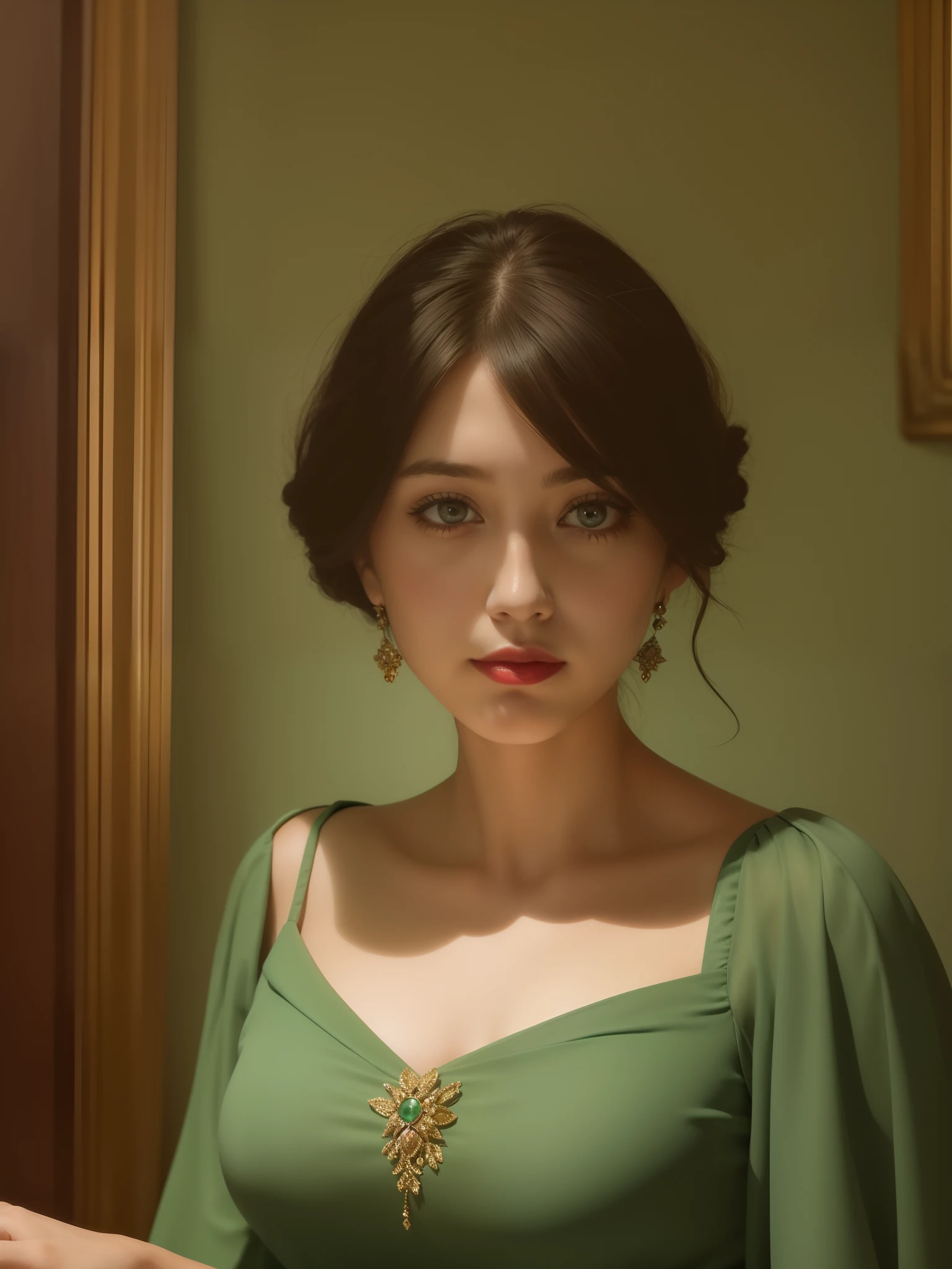 a painting of a woman in a green dress standing in a room, a young woman in a dress, oil on canvas by Ambrose Mcevoy style, she has a lovely emerald green dress on, she is beautiful, with blue eyes, brown hair, elegant, she is in a room with flowers on the table, she is looking over her left shoulder with a sad look, she has ruby red lips, this is a masterpiece, fine art