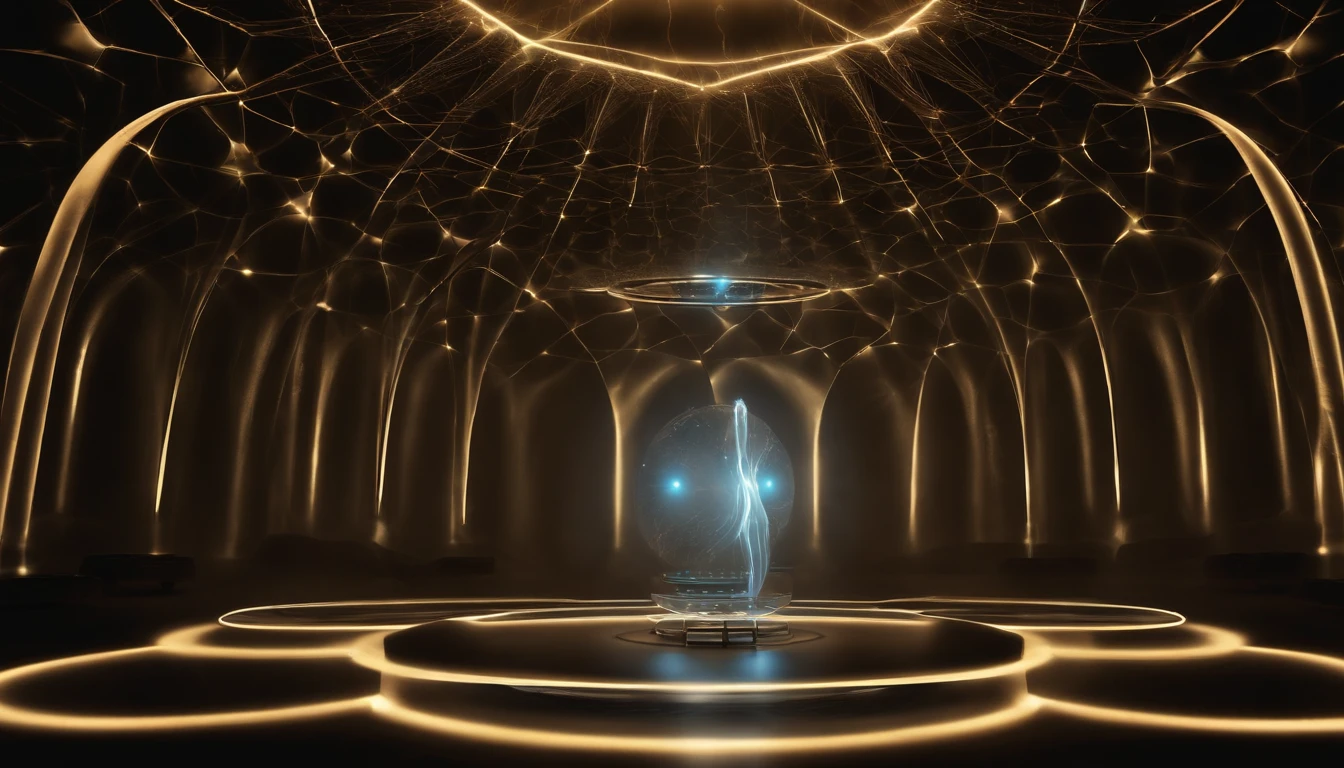 An alien healing lab A quantum vibrational extraterrestrial platform with ethereal sine waves and cybernetic codes stands out, emitting an ethereal glow. An aura of a man is inside the platform receiving energy in being ethereal light body only aura of that human , Cercado por uma aura de luz vibrante que representa seu campo de energia. Hertz bands dance through the air in complex shapes, while the cybernetic vibratory codes flow like rivers of light around the individual. The chakras are visible as spinning vortices of intense colors, each aligning perfectly with the vibratory frequencies. The holographic platform projects a cinematic hologram of the standing human figure, whose body is composed purely of light and energy. Dust particles float in the environment, vibrating in harmony with the waves of energy that permeate space. Strands of ethereal energy intertwine in the air, connecting to the central figure and radiating to the surrounding environment. A quality astral projection is rendered, allowing the individual to explore their own energy field in profoundly transformative ways. Enquanto isso, The platform functions as a cell regeneration room, offering a large genetic healing room where the fusion of extraterrestrial technology and human bioenergy triggers an innovative healing process. As humans connect with technology, State-of-the-art cybernetic implants integrate seamlessly, further enriching the experience. The surrounding environment is a crystal clear room, which amplifies vibrations and creates an atmosphere of transcendence. It's a mesmerizing vision of how technology and energy can come together to explore and enhance the capabilities of the human body and mind, in tune with the vibratory forces of the universe. Dentro de uma nave Seres de uma nave seres humanoides, Aryl Blue Grey Alien Team Be bold and creative and create aliens from the inside