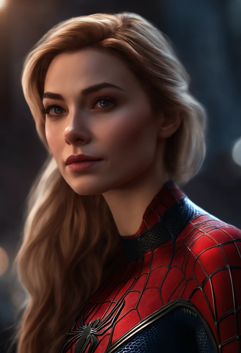 Female Spider-Man close-up portrait, Atmospheric scenes, masutepiece, Best Quality, (Detailed beautiful face, detail skin texture, hyperdetailed body:1.1),