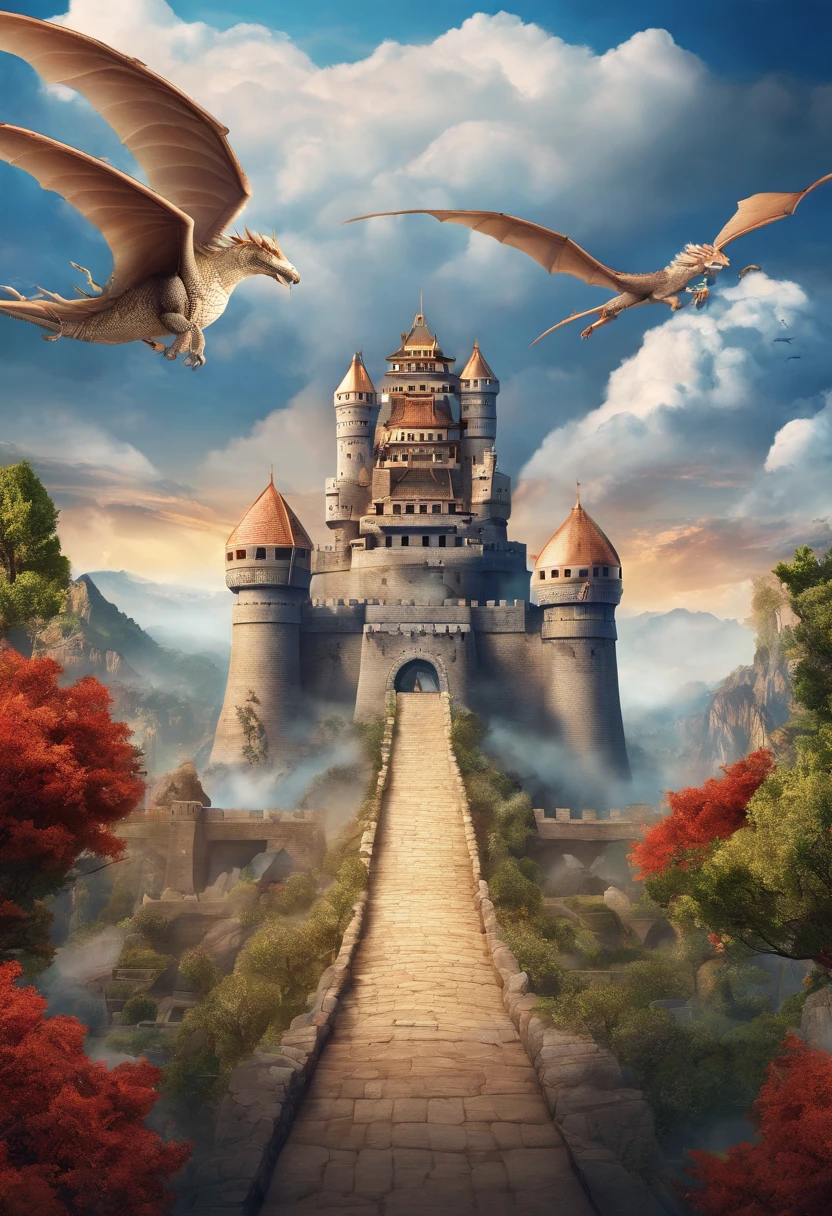 Advertising for joining a game alliance named THE Supreme, castle fortress, clouds, flying dragon, rally troops, dynamic lighting, photorealistic, highres