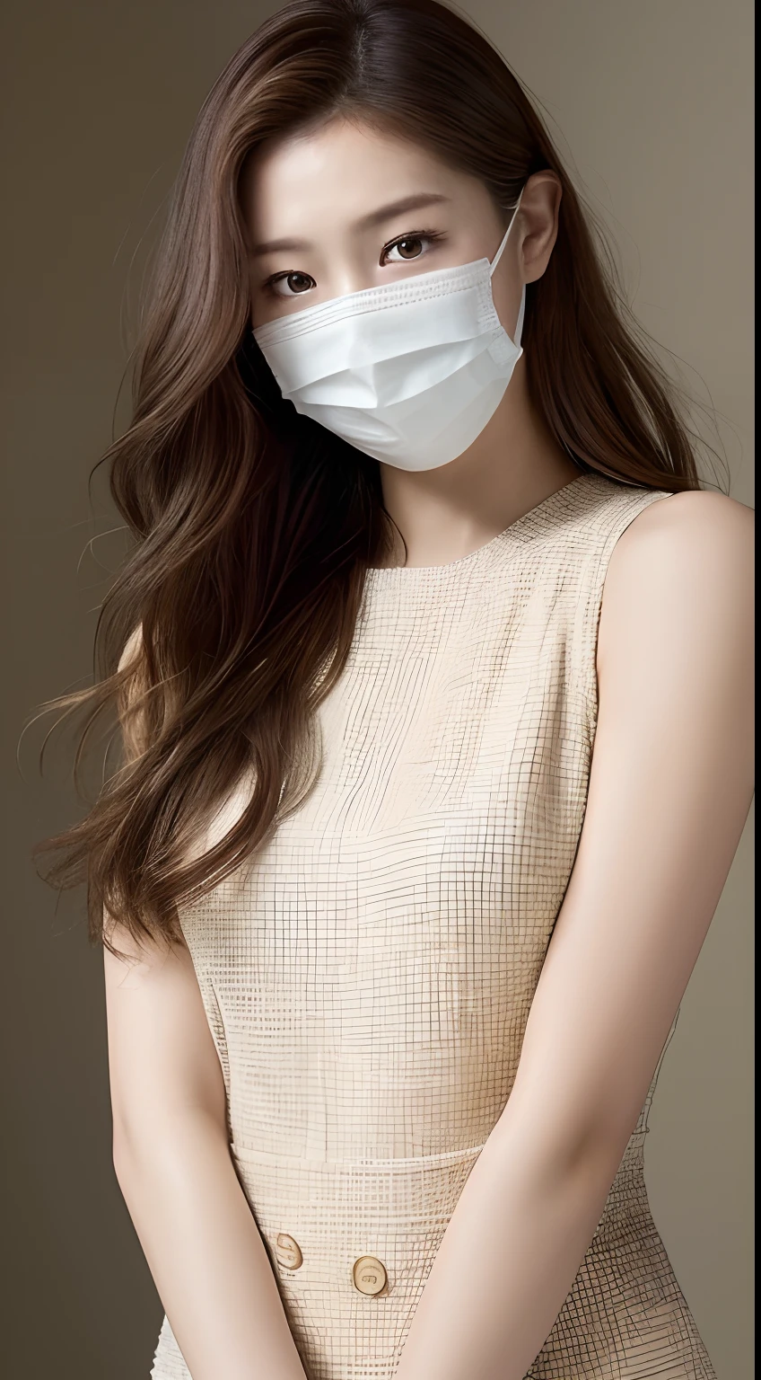 (top-quality、hight resolution、masterpiece:1.3)、Clean woman wearing disposable mask、Slender figure、dark brown hair、Intricate details exquisitely expressed in the texture of the face and skin、A detailed eye、二重まぶた、loose wavy hair(Like Koreans)、Hair catalog styles、