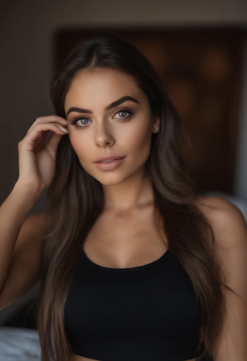 Mujer con camiseta sin mangas y bragas a juego, Chica sexy con ojos azules, Retrato Sophie Mudd, Retrato de Corinna Kopf, cabello rubio y ojos grandes, Selfie de una mujer joven, Ojos en el dormitorio, Violeta Myers, ohne Maquillaje, Maquillaje natural, staring directly into camera, Cara con Artgram, dezentes Maquillaje, Impresionante foto de cuerpo completo, en el dormitorio, Fission