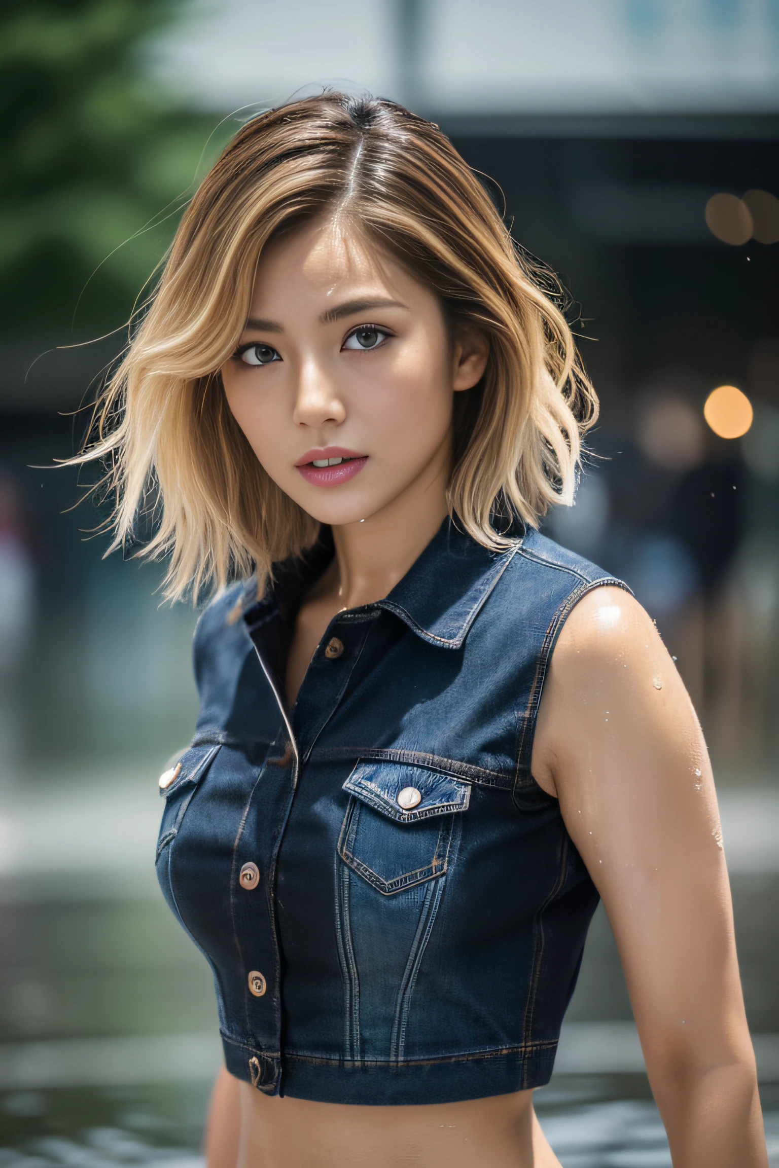 (masterpiece:1.2), ultra detailed, ultra high res, (realistic, photo realistic:1.37), high detail RAW color photo, professional photograph, an extremely delicate and beautiful, extremely detailed, finely detail, huge file size, extremely detailed beautiful girl, extremely detailed face, extremely detailed eyes, extremely detailed skin, extremely detailed nose, extremely detailed mouth, perfect anatomy, highly detailed background, shiny skin, (Japanese famous actress:1.2), (gyaru:1.25), flat chest, (brown race, dark skin, blond hair:1.55), (very shortcut hair:1.3), (denim shirts:1.2), (midriff peek:1.2), (heavy rain:1.4), (wet hair, wet skin:1.4), water drops, (full body:1.3), cinematic lighting, (dynamic pose:1.35), (shibuya:1.35)