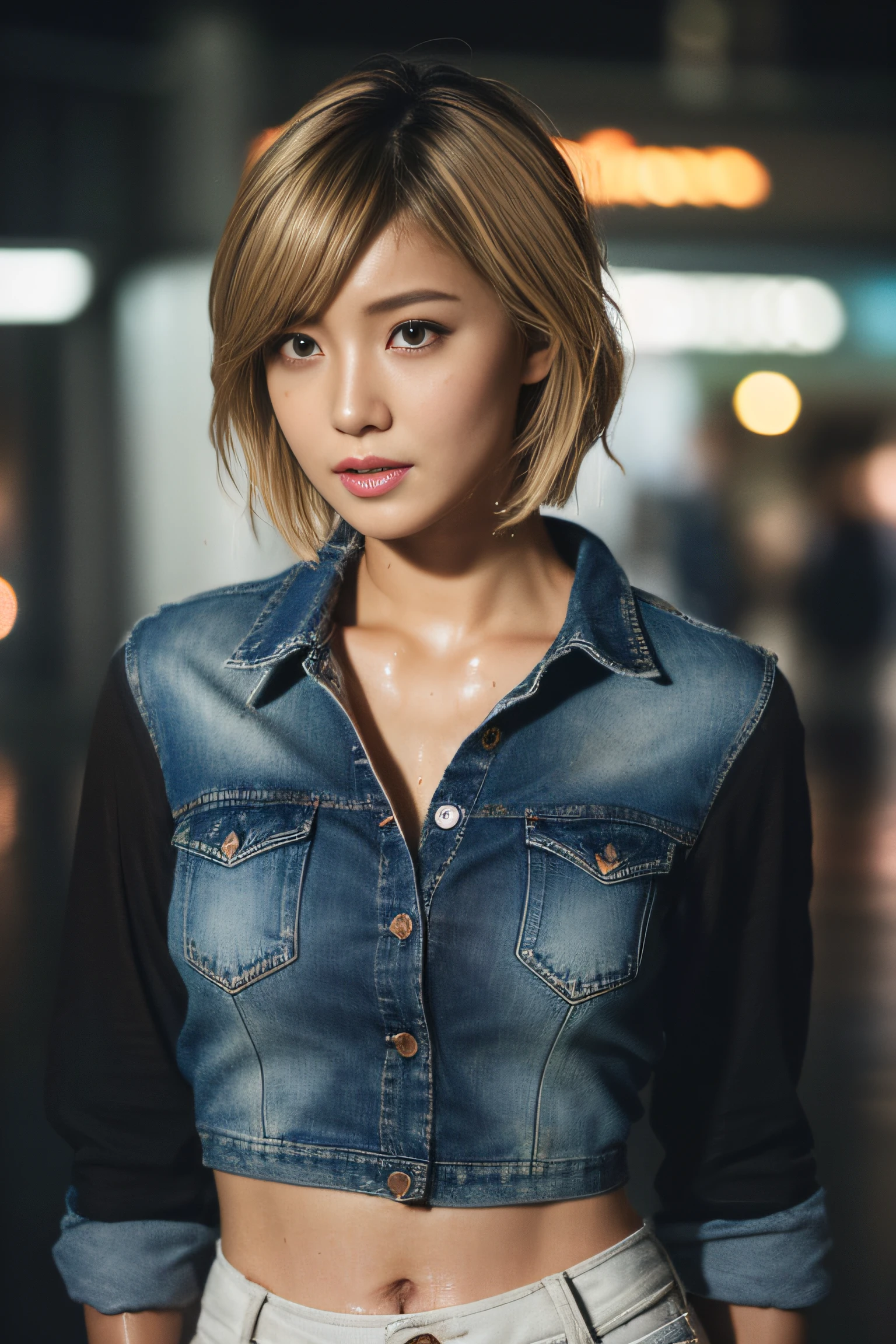 (masterpiece:1.2), ultra detailed, ultra high res, (realistic, photo realistic:1.37), high detail RAW color photo, professional photograph, an extremely delicate and beautiful, extremely detailed, finely detail, huge file size, extremely detailed beautiful girl, extremely detailed face, extremely detailed eyes, extremely detailed skin, extremely detailed nose, extremely detailed mouth, perfect anatomy, highly detailed background, shiny skin, (Japanese famous actress:1.2), (gyaru:1.25), flat chest, (brown race, dark skin, blond hair:1.55), (very shortcut hair:1.3), (denim shirts:1.2), (midriff peek:1.2), (heavy rain:1.4), (wet hair, wet skin:1.4), water drops, (full body:1.3), cinematic lighting, (dynamic pose:1.35), (shibuya:1.35)