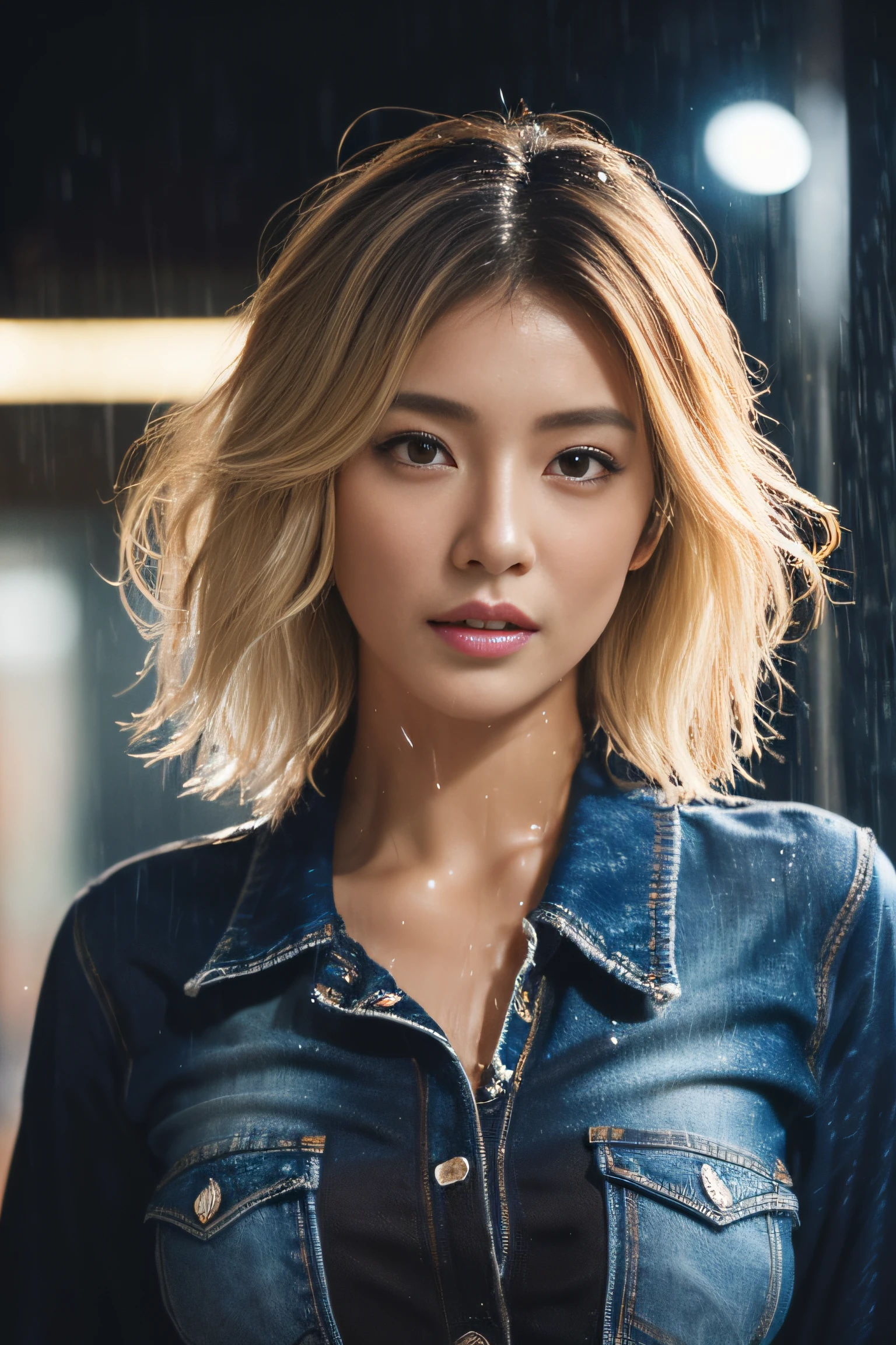 (masterpiece:1.2), ultra detailed, ultra high res, (realistic, photo realistic:1.37), high detail RAW color photo, professional photograph, an extremely delicate and beautiful, extremely detailed, finely detail, huge file size, extremely detailed beautiful girl, extremely detailed face, extremely detailed eyes, extremely detailed skin, extremely detailed nose, extremely detailed mouth, perfect anatomy, highly detailed background, shiny skin, (Japanese famous actress:1.2), (gyaru:1.25), flat chest, (brown race, dark skin, blond hair:1.55), (very shortcut hair:1.3), (denim shirts:1.2), (midriff peek:1.2), (heavy rain:1.4), (wet hair, wet skin:1.4), water drops, (full body:1.3), cinematic lighting, (dynamic pose:1.35), (shibuya:1.35)