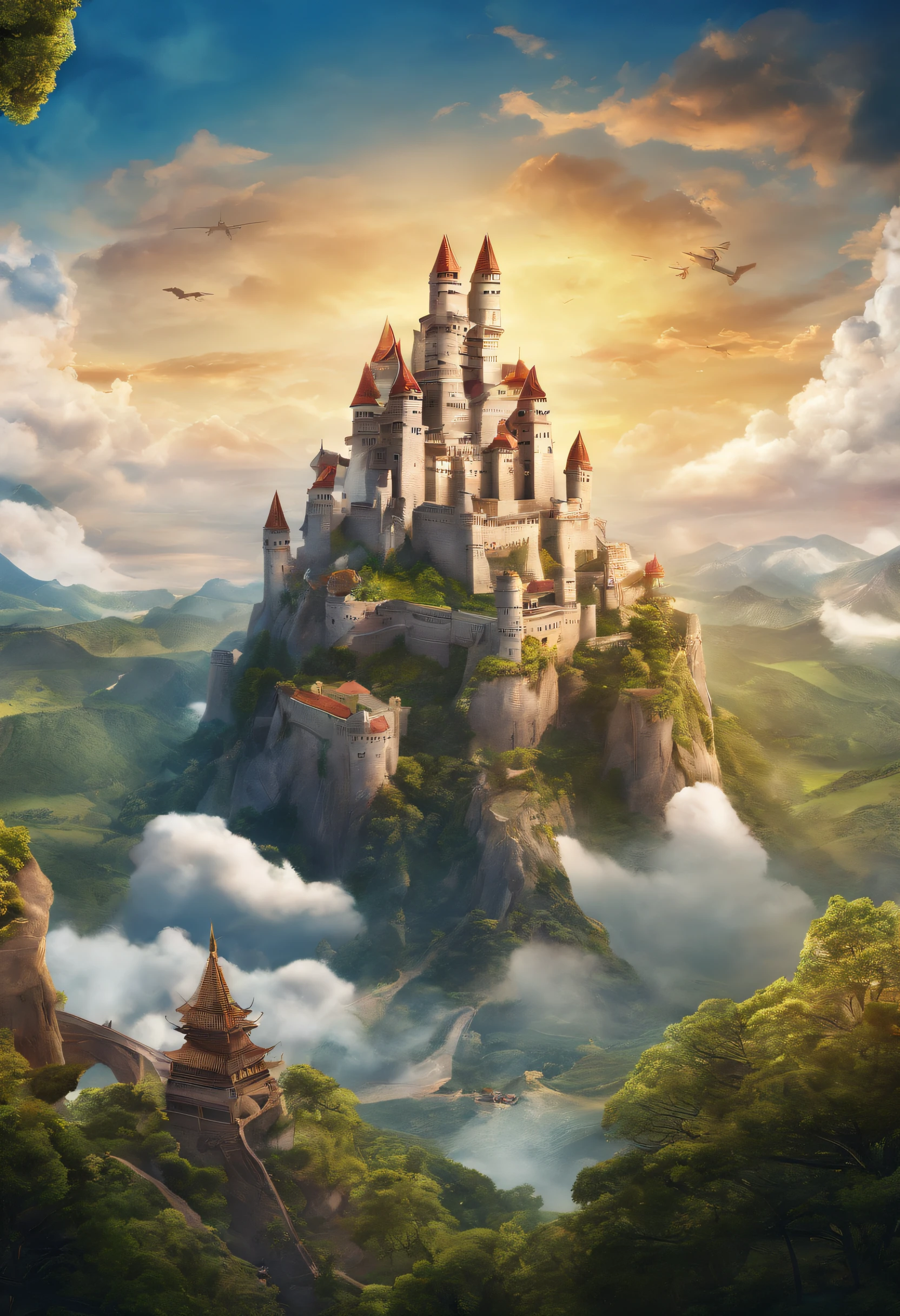 Advertising for joining a game alliance named THE Supreme, castle fortress, clouds, flying dragon, rally troops, dynamic lighting, photorealistic, highres