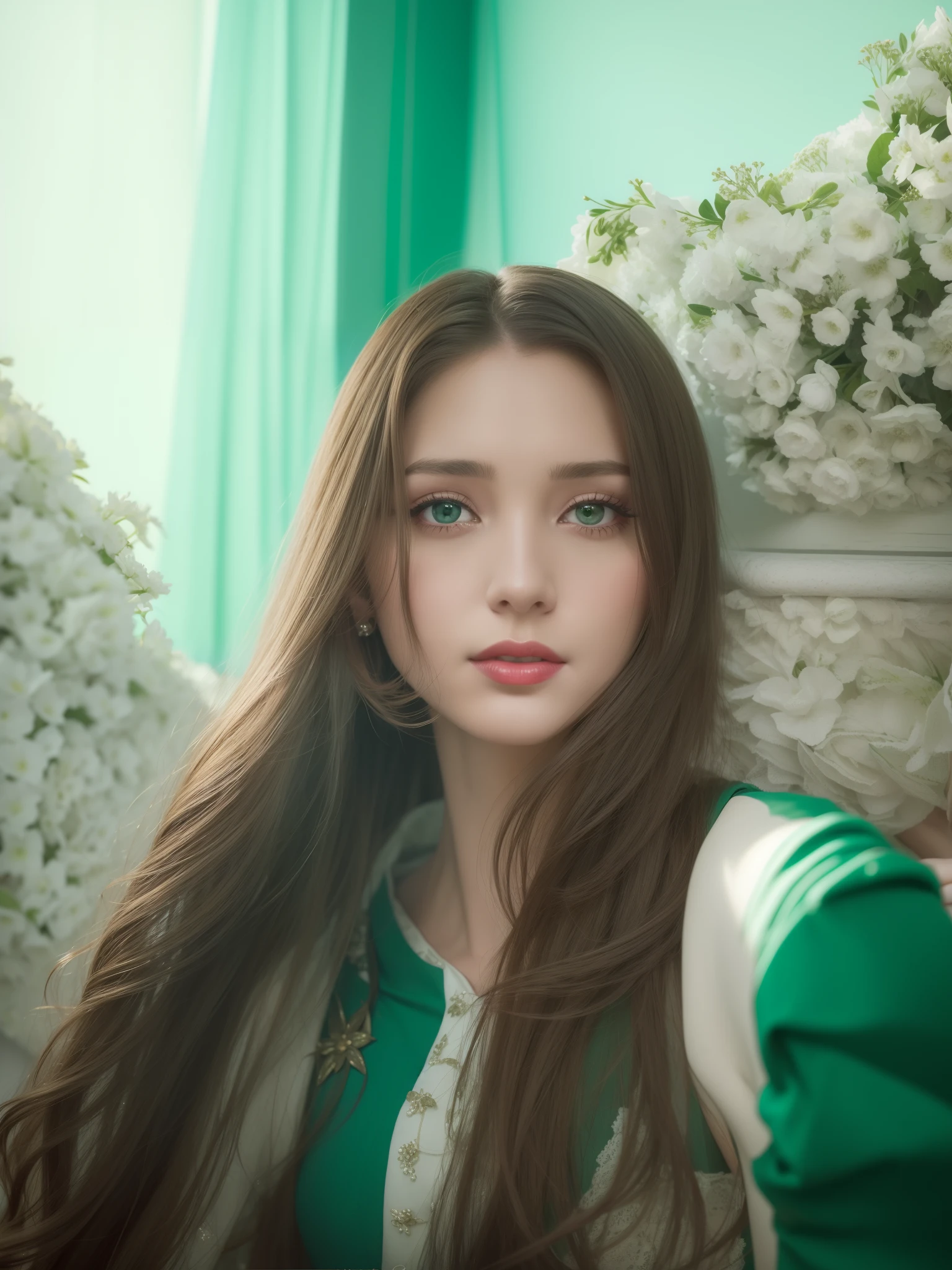 a painting of a woman in a green dress standing in a room, a young woman in a dress, oil on canvas by Ambrose Mcevoy style, she has a lovely emerald green dress on, she is beautiful, with blue eyes, brown hair, elegant, she is in a room with flowers on the table, she is looking over her left shoulder with a sad look, she has ruby red lips, this is a masterpiece, fine art