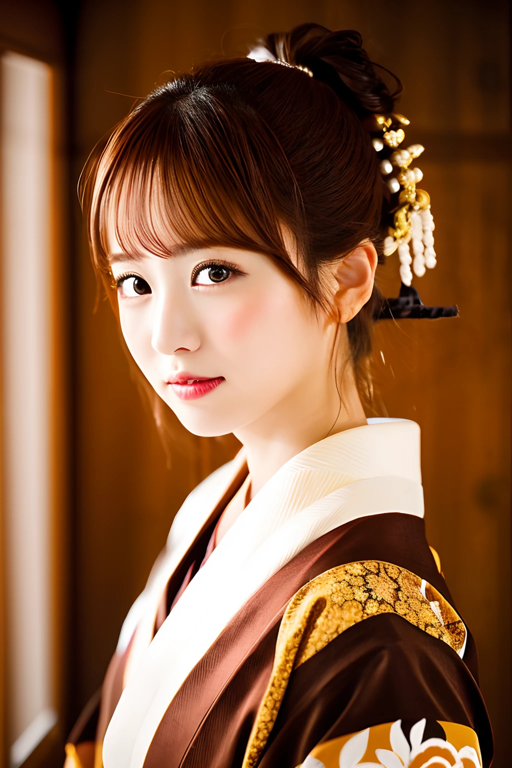 Indoor Japan Dance ,Portraits,Ultra Sharp Focus,High contrast, Kimono,Brown eyes,, Center Image,(26 year old woman,)Brown hair.