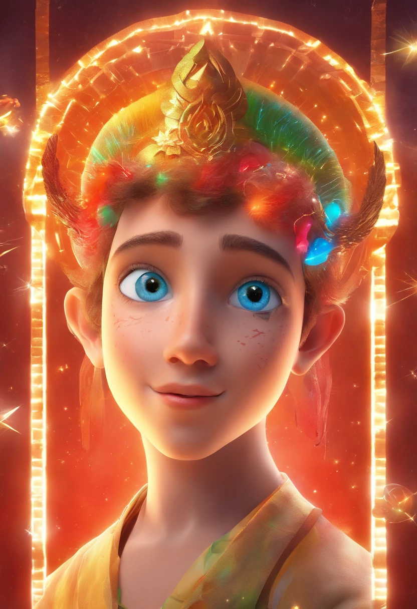 divine spirit, optimistic boy, Sagittarius representation, cheerful expression, vibrant colors, detailed eyes and lips, mystical atmosphere, celestial background, artistic illustration, high quality (8k resolution:1.2), realistic rendering, soft lighting.