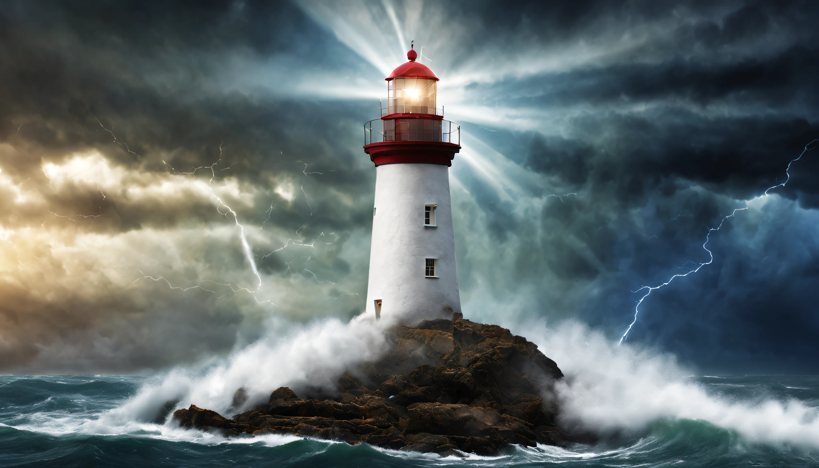 The Lighthouse of Hope: A symbolic image of a bright lighthouse in the middle of a stellar storm, representing the Great Architect as a guide for those who are lost.