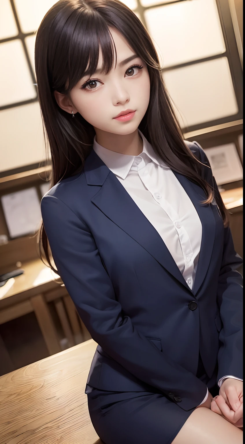 ((highest quality、Masterpiece、High resolution))、(((Zoom photo of upper body)))、One woman、A shy smile、15 years old、Large Breasts、Navy blue blazer、shirt、tie、Black Hair、Trimmed bangs、Wavy Hair