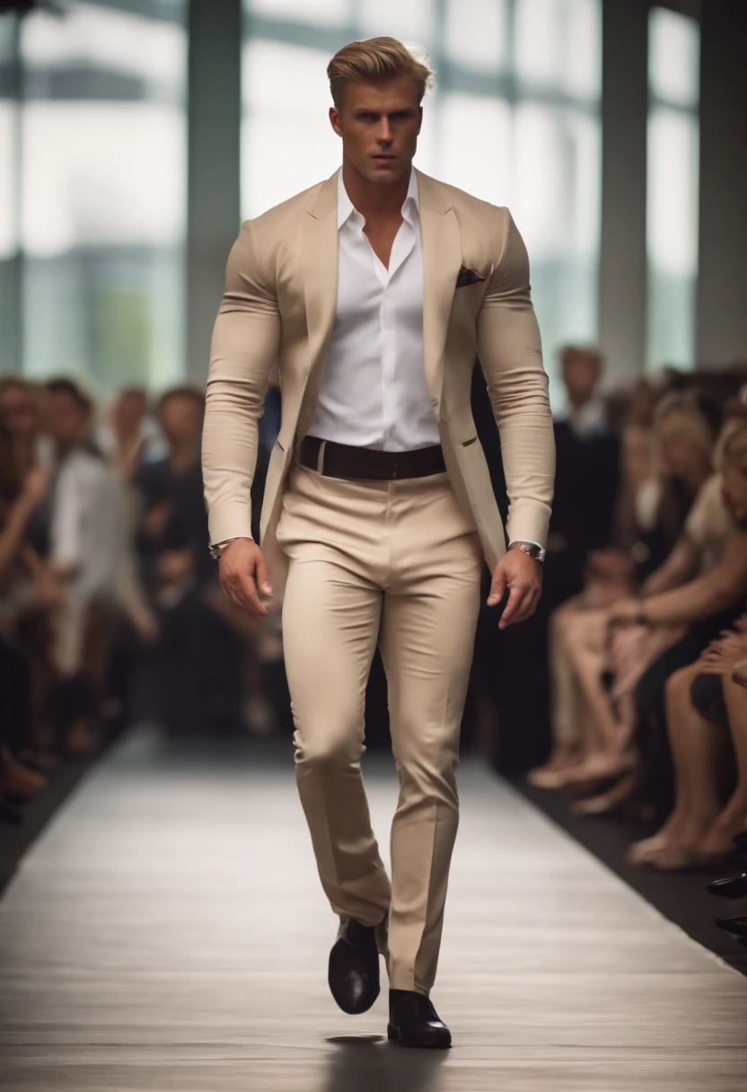 Full body man standing super realistic parading on a fashion runway blonde body robust and full-bodied wearing an elegant and modern outfit very muscular body about 20 years