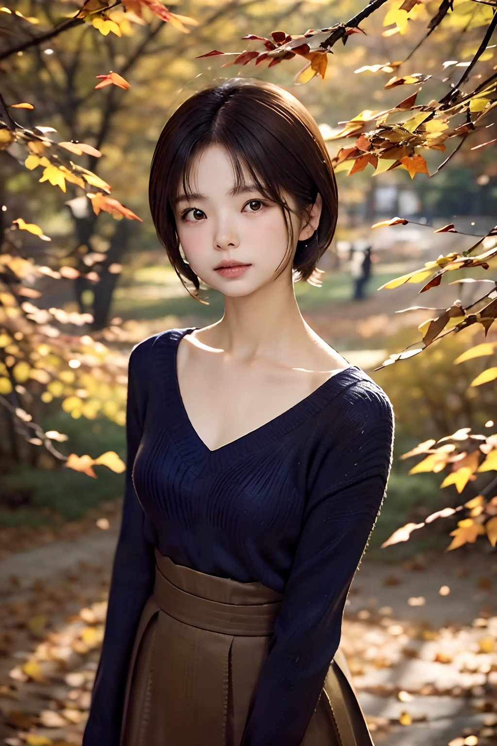 parfect anatomy、top-quality、masuter piece、ultra-detailliert、8k、独奏、15yo student、1 girl in、Brown-eyed、Short Bob、Indigo V-neck knit、a red skirt、Natural look、Beautiful collarbone、plein air、Autumn Park、Trees with autumn leaves々、Path of falling leaves、(((I can't see the background:1.3)))