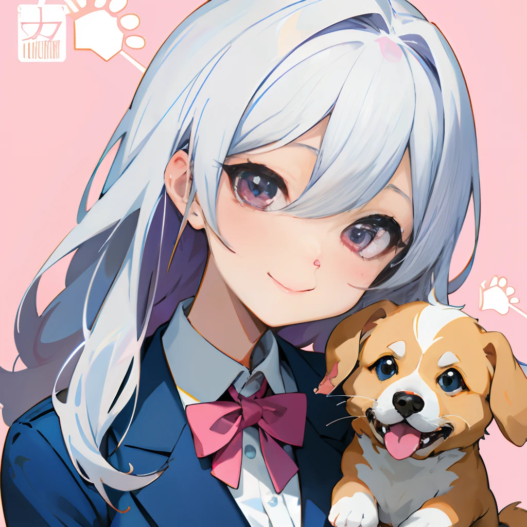 Anime girl with silver hair and pink eye edging, official artwork, , Lori, anime style portrait, anime moe art style, 2 d anime style, Cute art style, Stylized anime, Anime Art Style, Anime style. 8K, anime style 4 k, Anime Art Style, digital anime art!!、White puppy、fluffly、Baby Golden Retriever、blanche、Vigorous、A charming smile、Office Lady Style Clothes、Wearing a suit、Deformed puppy、raise the front paws、Everyday background、