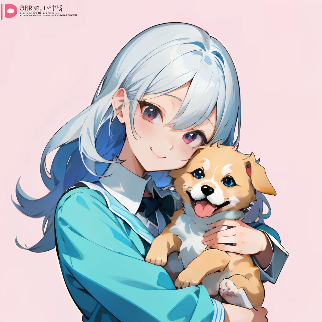 Anime girl with silver hair and pink eye edging, official artwork, , Lori, anime style portrait, anime moe art style, 2 d anime style, Cute art style, Stylized anime, Anime Art Style, Anime style. 8K, anime style 4 k, Anime Art Style, digital anime art!!、White puppy、fluffly、Baby Golden Retriever、blanche、Vigorous、A charming smile、Office Lady Style Clothes、Wearing a suit、Deformed puppy、raise the front paws、Everyday background、