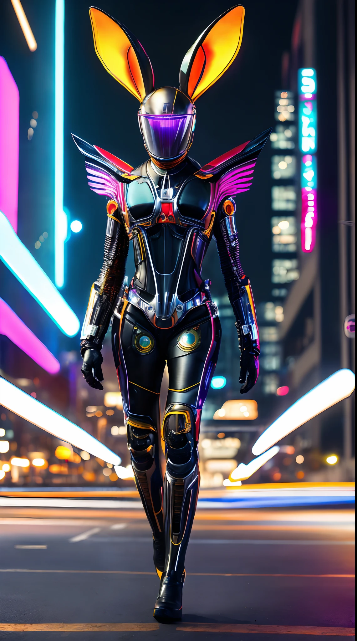 (wide wide shot)，(Best quality,A high resolution,Masterpiece:1.2),(Realistic,Photorealistic,photo-realistic:1.37),[(The futuristic cyborg has huge wings)],(Rabbit ears)，((Mechanical joints and limbs)),(footwear),Metallic。nigth,(Facing the lens，Central symmetry)，standing on your feet，No man's street。Vibrant colors,Light trails and neon lights in the background,Science fiction art style.