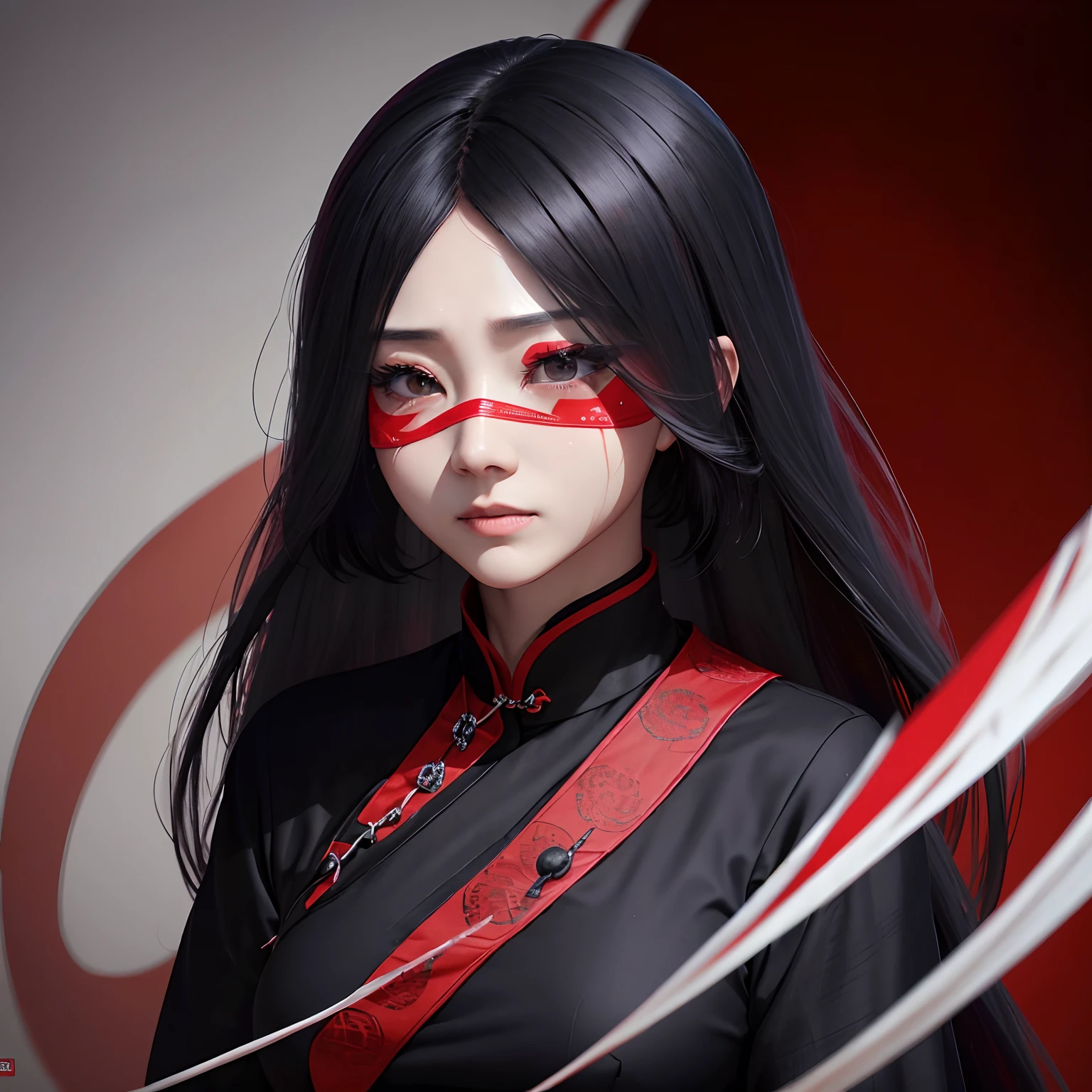 cabelos preto e longos，The eyes are covered with black strips of cloth，wearing red cheongsam，Red tears，Woman crying loudly --auto