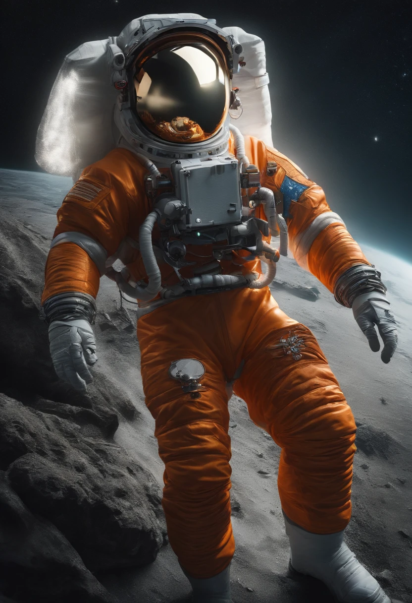 The astronaut is a 30-year-old guy, White and orange metal clothing, ((Ukrainian patches:1.5 )),  Cinematic, photoshooting, Half-backlight, back light, dramatic  lighting , Incandescent, soft-lighting, insanely detailed and intricate, Hyper maximalist, Art,  elegant pose, dynamic, photografic, volumetric , ultra-detailliert, intricate detials, A super-detailed masterpiece from Gwise, futuristic environment