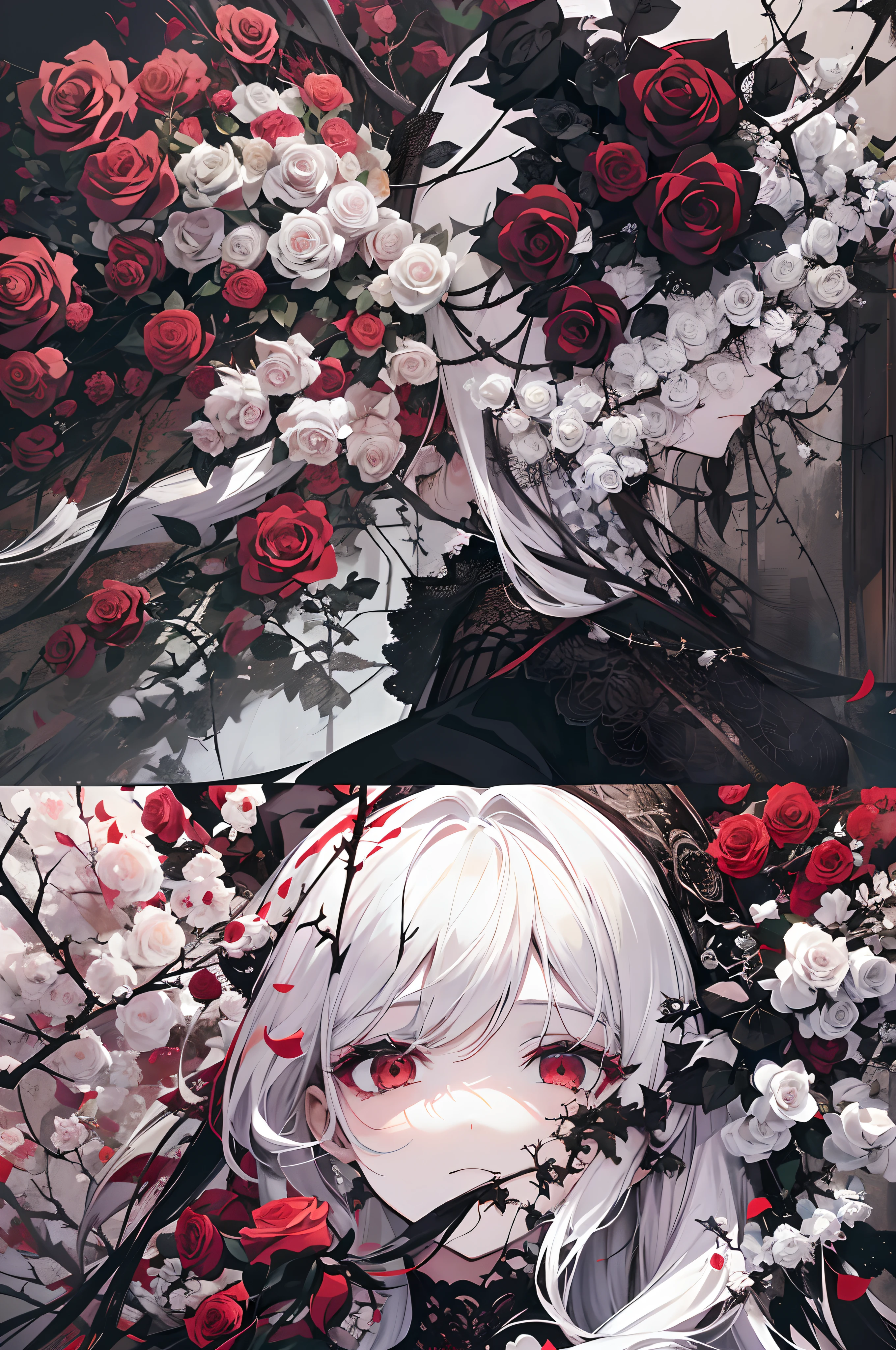 Pale painting style, one girl, long white shaggy, fluffy hair, long bangs between eyes, eyes slightly hidden by bangs, large pale red eyes, staring eyes, red eye shadow, long eyelashes, smile, doll-like white skin, (bright red roses and thorns tangled in hair:1.3), Black gothic dress, (beautiful black lace:1.3), dark background, (lots of red roses in bloom:1.5), super high quality, super detail, super detailed image, close-up of face,