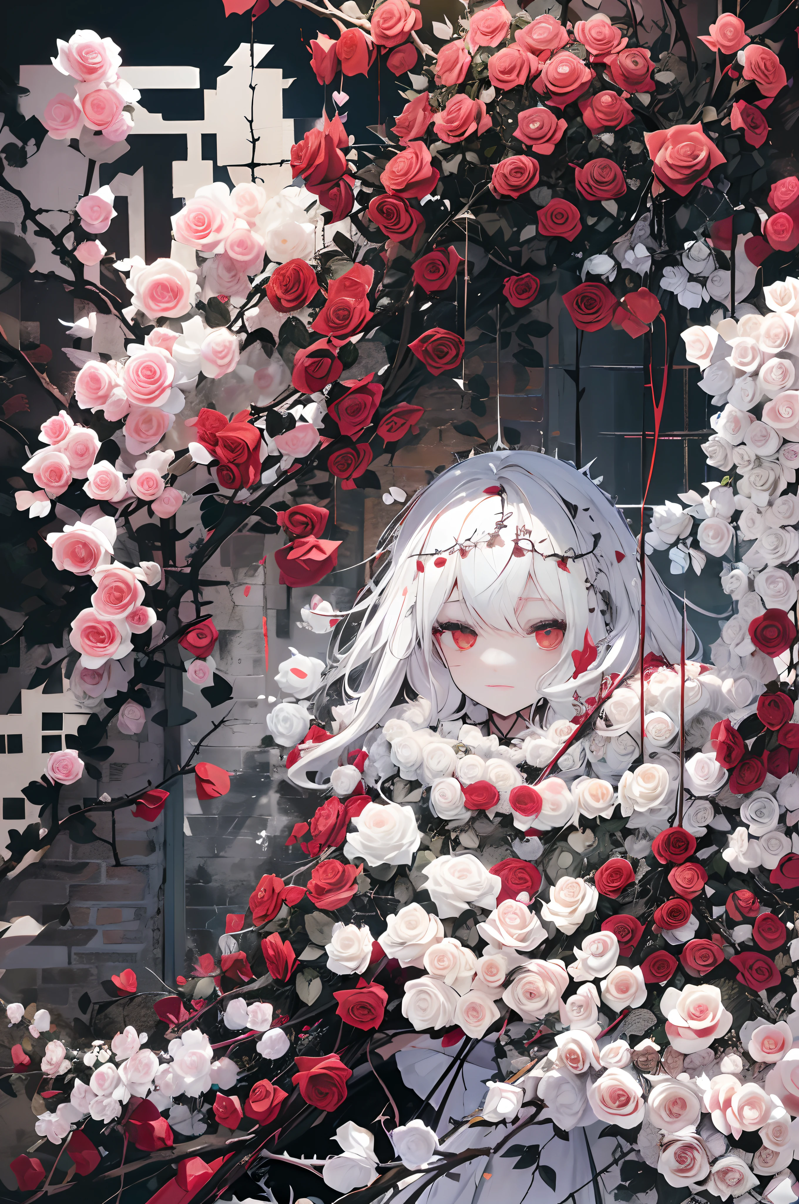 Pale painting style, one girl, long white shaggy, fluffy hair, long bangs between eyes, eyes slightly hidden by bangs, large pale red eyes, staring eyes, red eye shadow, long eyelashes, smile, doll-like white skin, (bright red roses and thorns tangled in hair:1.3), Black gothic dress, (beautiful black lace:1.3), dark background, (lots of red roses in bloom:1.5), super high quality, super detail, super detailed image, close-up of face,