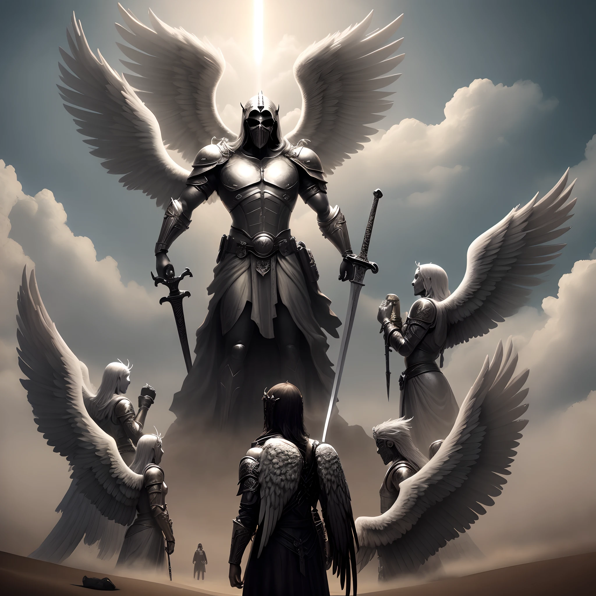 The image of a middle-aged man with four angel wings, a young man standing in the desert with a sword, angel in hell, archangel, Angels VS Demons, angel watching demon, Angels and demons, Angels protect people, Archangel Michael, angel of death, battle between angels and demons, super wide angel, Epic angel wings, Angels protect those who pray, human need death angel