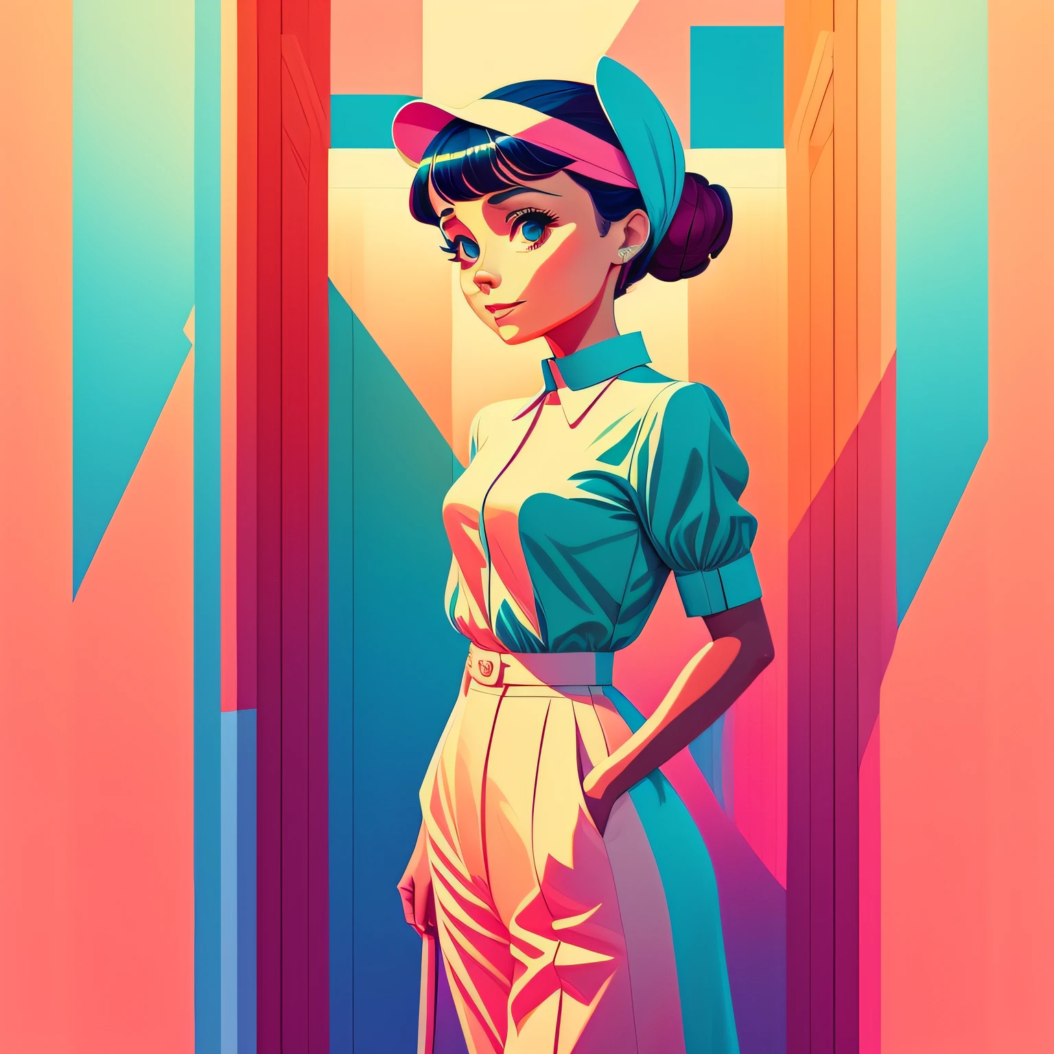 Audrey Hepburn de corpo inteiro, standing on her feet, in a dynamic pose wearing a trendy outfit, desenhada pela Gucci::3, Tumblr, inspirada no estilo Yanjun Cheng, Arte Digital, meme lofi garota internet, Trend in Dezeen, catalog photo, 3 d render bipe, Rhads e Lois Van Baarle, Cartoon style illustration, cores pastel brilhantes, a beautiful artwork illustration, garota de anime retro --ar 2:3 --q 2