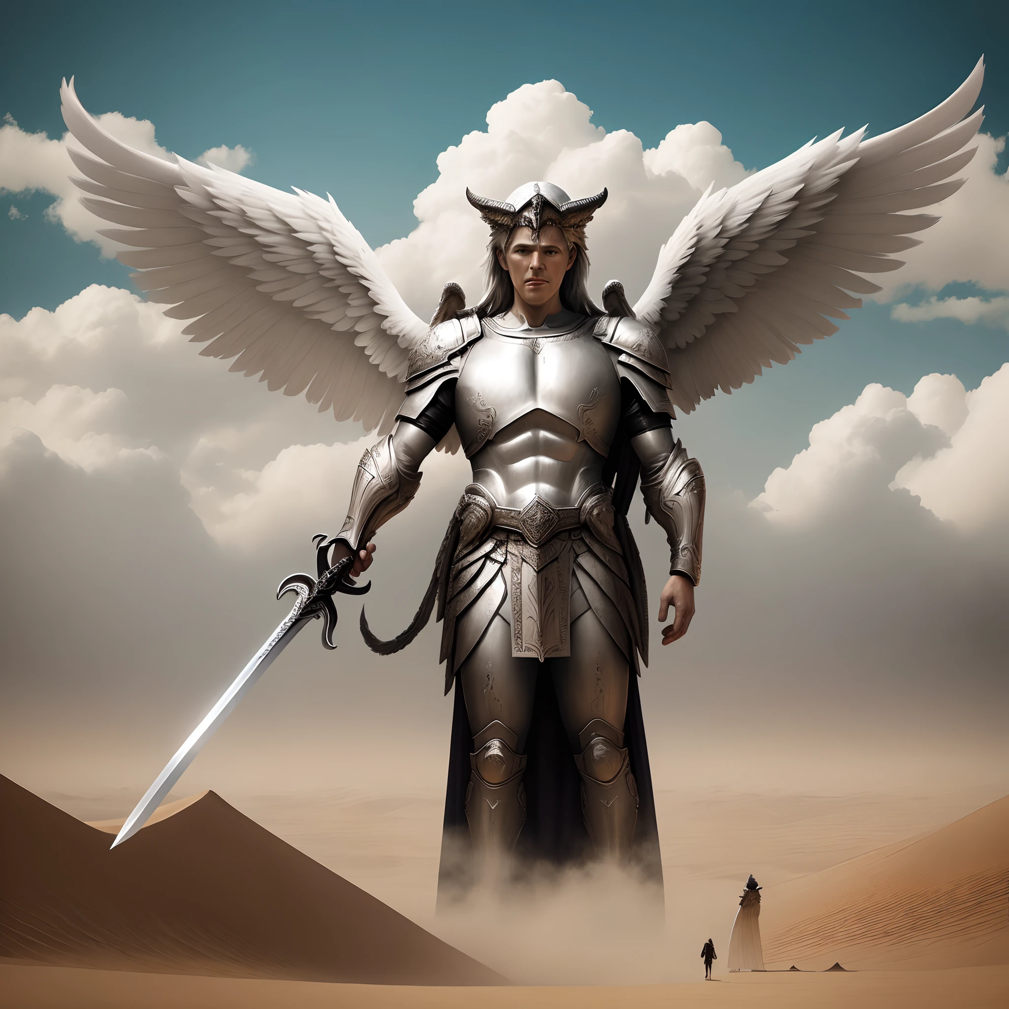 The image of a middle-aged man with four angel wings, a young man standing in the desert with a sword, angel in hell, archangel, Angels VS Demons, angel watching demon, Angels and demons, Angels protect people, Archangel Michael, angel of death, battle between angels and demons, super wide angel, Epic angel wings, Angels protect those who pray, human need death angel