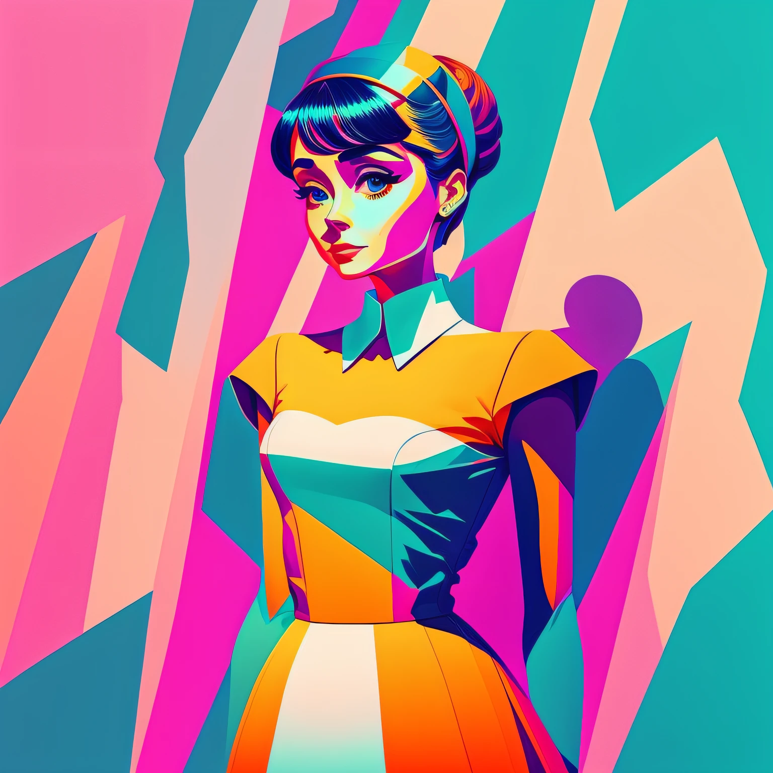 Audrey Hepburn de corpo inteiro, standing on her feet, in a dynamic pose wearing a trendy outfit, desenhada pela Gucci::3, Tumblr, inspirada no estilo Yanjun Cheng, Arte Digital, meme lofi garota internet, Trend in Dezeen, catalog photo, 3 d render bipe, Rhads e Lois Van Baarle, Cartoon style illustration, cores pastel brilhantes, a beautiful artwork illustration, garota de anime retro --ar 2:3 --q 2