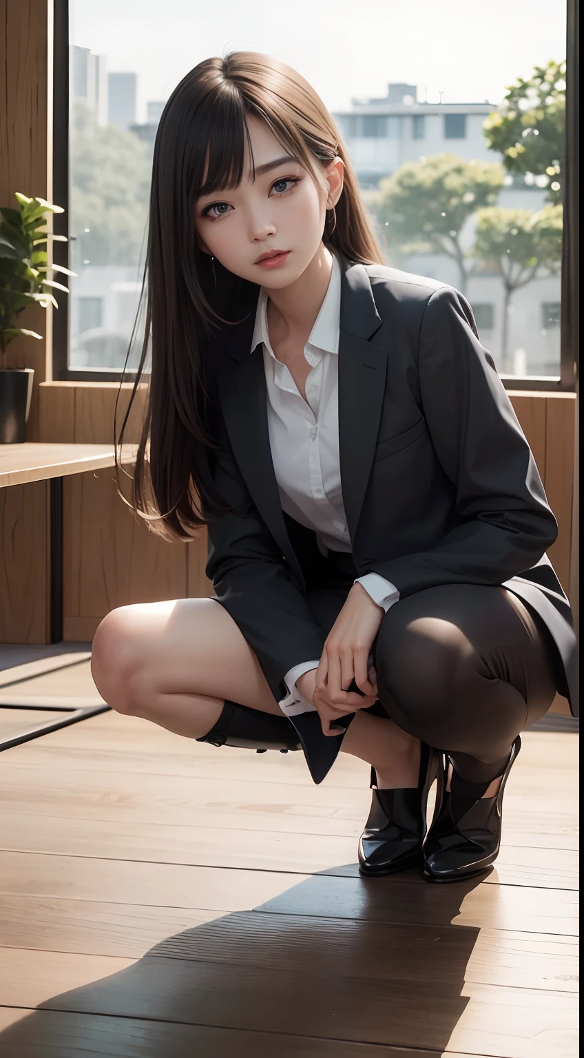 ((unparalleled masterpiece ever、best qualtiy、erfect artwork))、(realisitic, Photorealsitic:1.37)、1girl in、、japanes、cute little、((Suit))、((full body seen))、(Office)、long lashes、heavy eye makeup、Dark eyeshadow、Korean Makeup、Posing、action、Soft light、Smile、Upstyle、Dynamic Angle、very detailed and professional lighting、finely detail、ultra-detailliert、hight resolution、the Extremely Detailed CG Unity 8K Wallpapers、a beautiful detailed girl、extremely detailed eye and face、beatiful detailed eyes