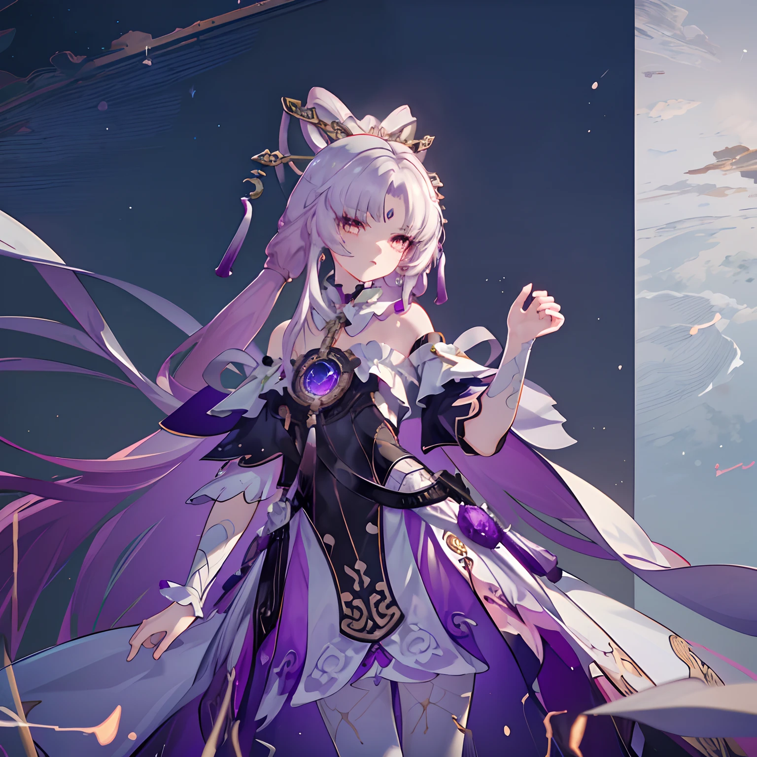 (CG 8k wallpaper extremely detailed, Masterpiece, Best quality, Ultra-detailed), (better lighting, better shade, Extremely delicate and beautiful), Floating, High saturation, Dynamic Angle, ((1girll)), Gorgeous, ningguangrnd(Orchid evening dress) White hair, Red eyes, Very long hair, hair adornments, bangs