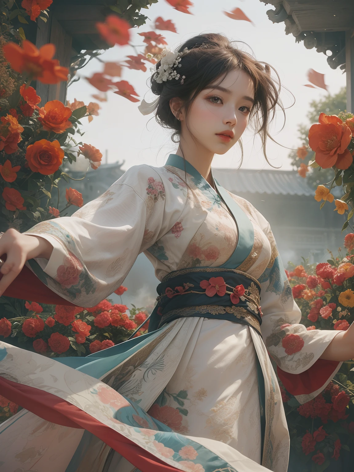 zhongfenghua, 1girls, bara, hanfu, antique_china_architecture, Flower Field, floral, (white smoke:1.3) (photorealistic portrait:1.4), Zentangle, Mandala, Entangle, official art, Unity 8k壁纸, ultra-detail, beautiful and beautiful, masterpiece,bestquality, (dynamic angle:1.4), gleaming skin, (Colorful sparks float:1) most beautiful form of chaos, Elegant, a brutalist designed, vibrant colours, Exotic romance, depth of field._dance, red flowers