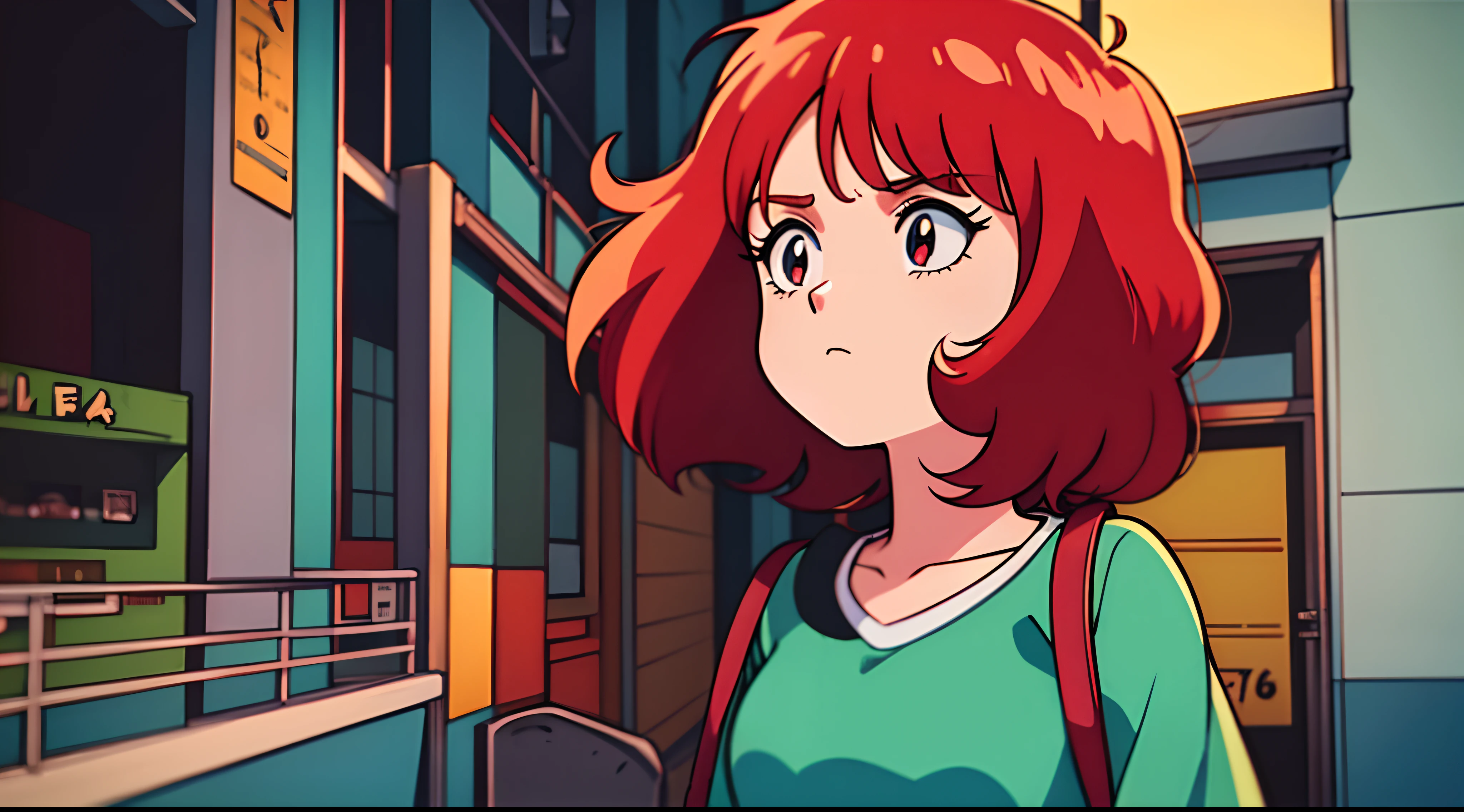 a woman with red hair and a green shirt in front of a building at night, menina lofi, 8 0 s vibe anime, anime vibes, Digital anime illustration, retro anime girl, menina anime sedutora, Elogio Artstyle, no estilo de arte do anime 8 0 s, Estilo anime. 8k, arte digital do anime cyberpunk, anime 4k.